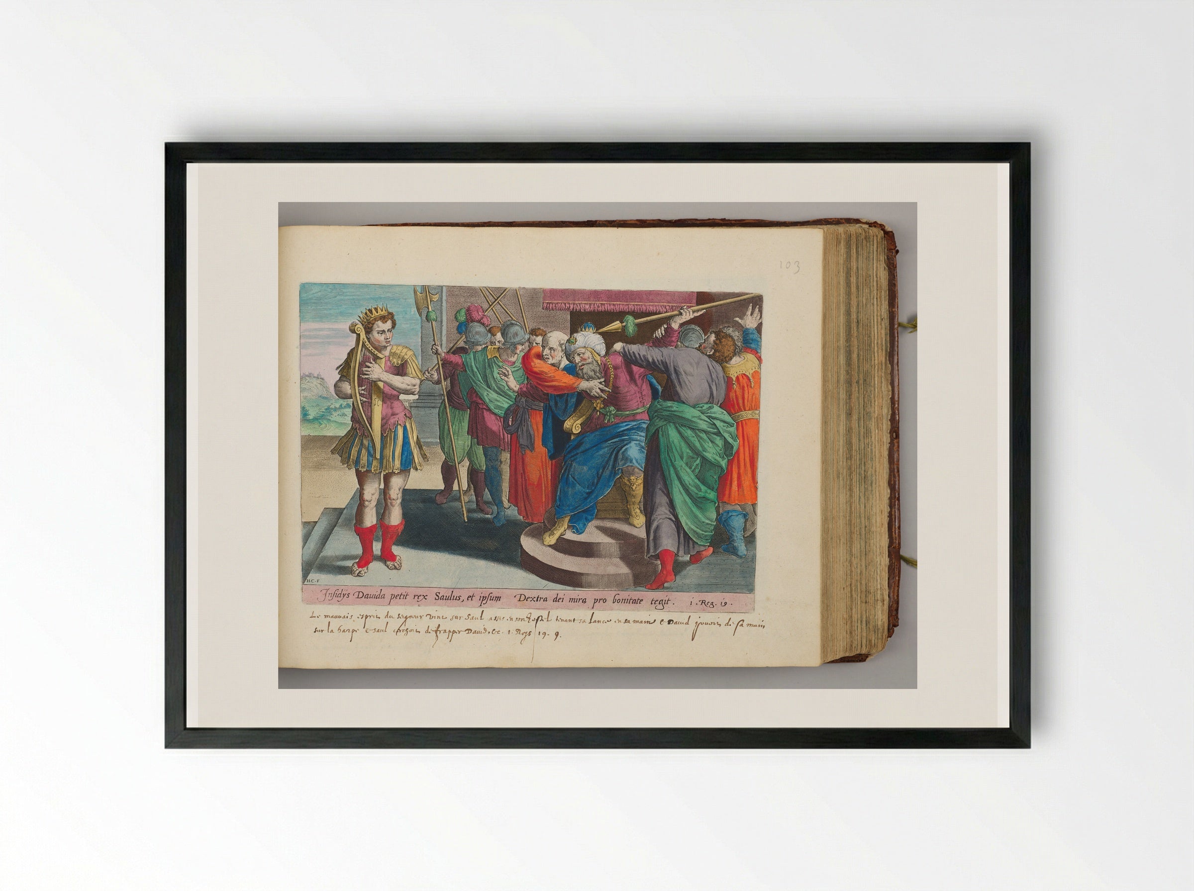 Saul Seeking to Smite David with the Javelin - Hans Collaert the Elder - Framed Print Black