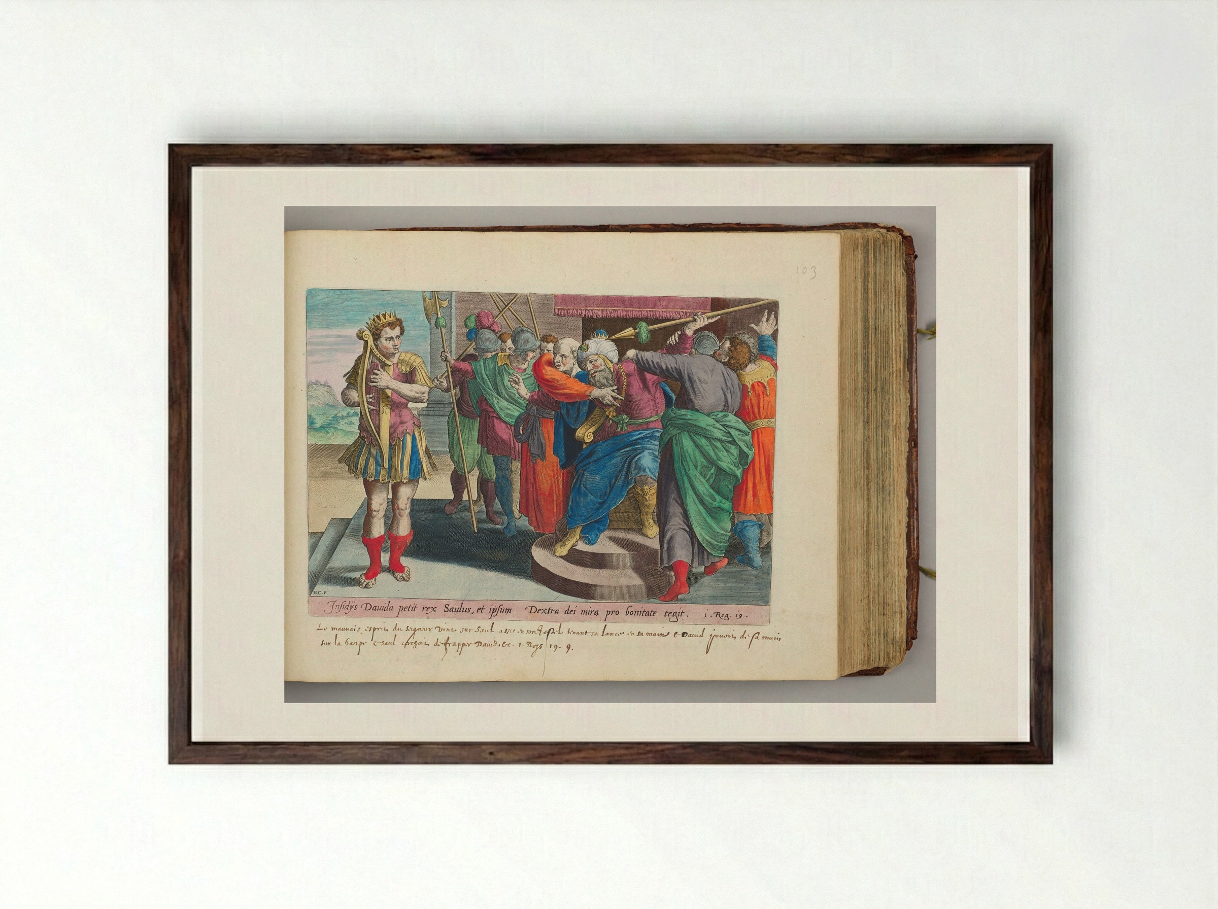 Saul Seeking to Smite David with the Javelin - Hans Collaert the Elder - Framed Print Dark Wood