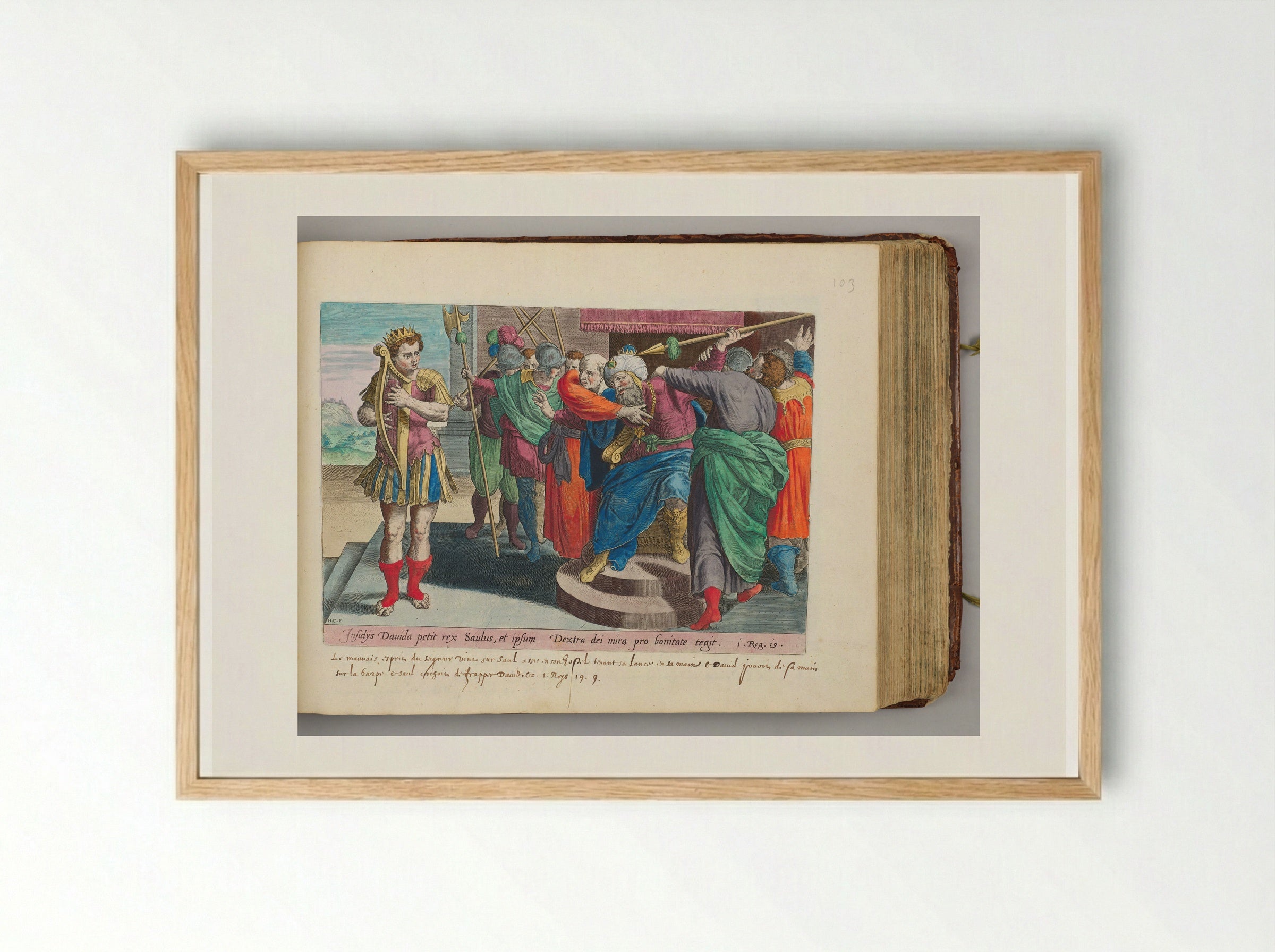 Saul Seeking to Smite David with the Javelin - Hans Collaert the Elder - Framed Print Wood