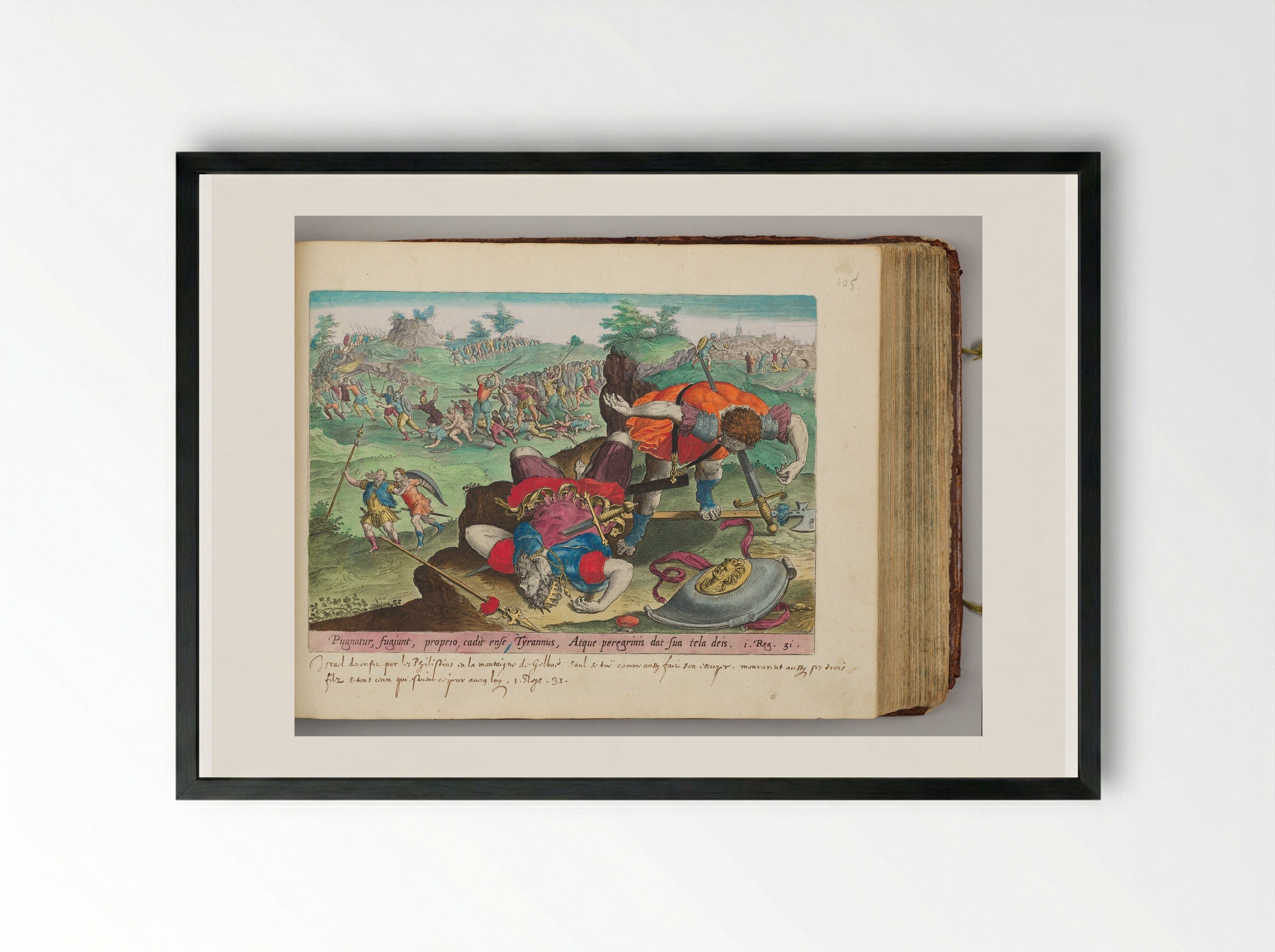 Saul and His Armor-bearer Kill Themselves with Their Swords - Hans Collaert the Elder - Framed Print Black
