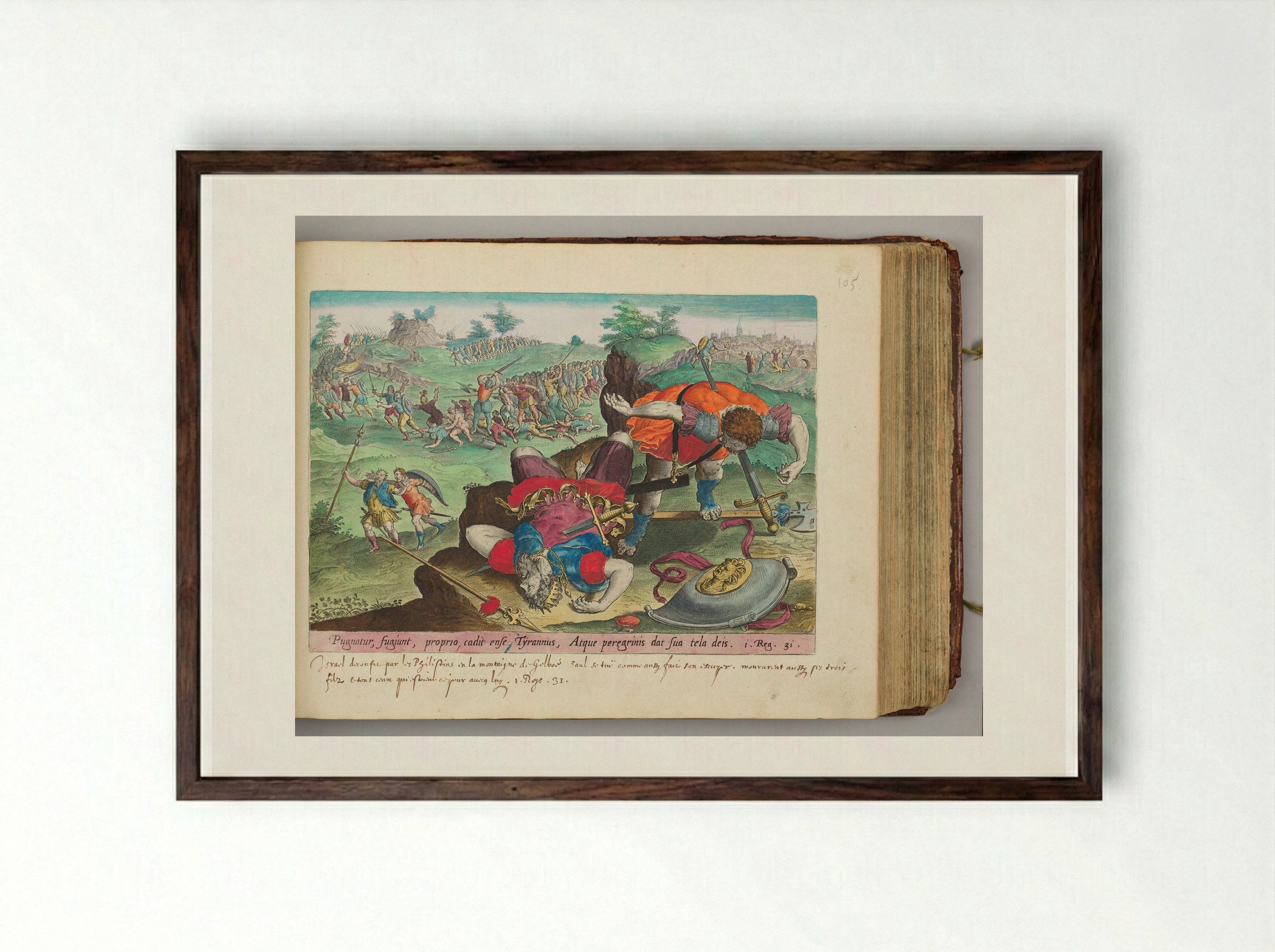 Saul and His Armor-bearer Kill Themselves with Their Swords - Hans Collaert the Elder - Framed Print Dark Wood