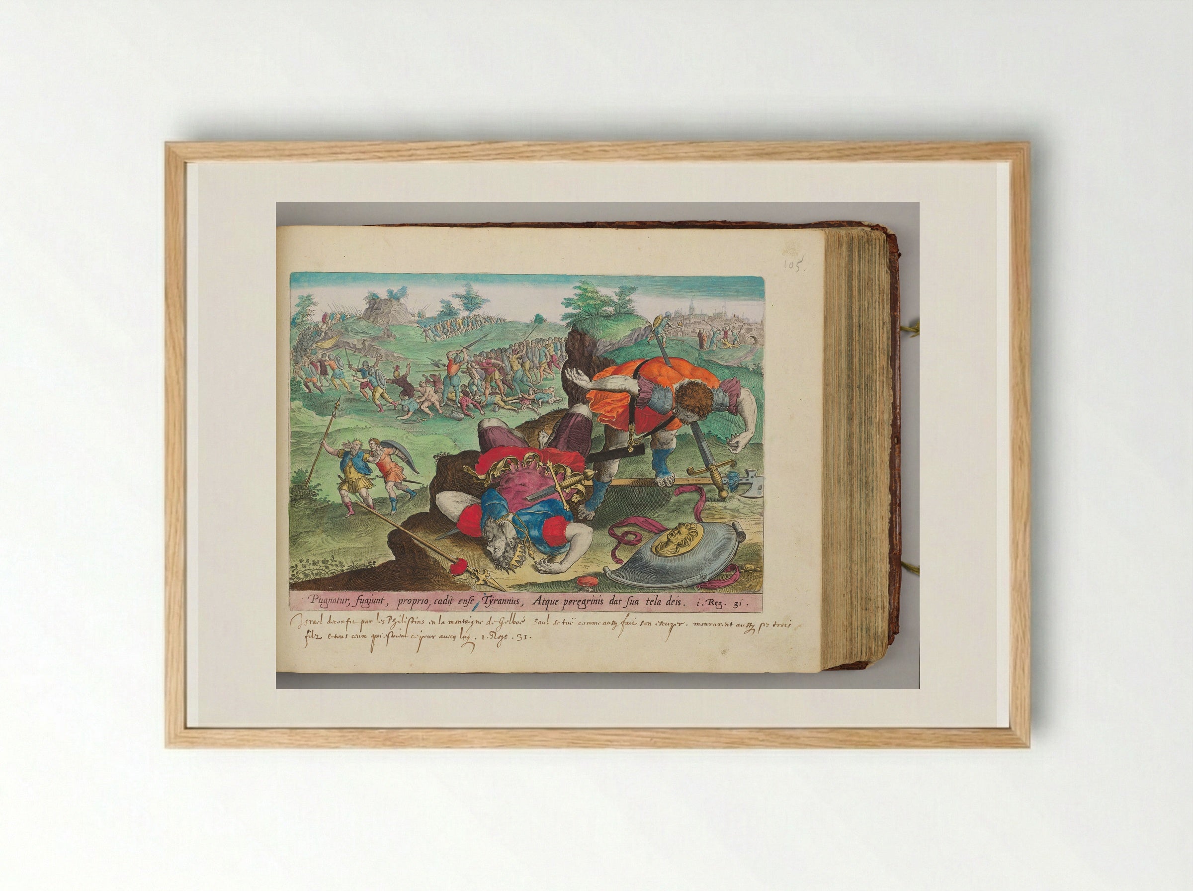 Saul and His Armor-bearer Kill Themselves with Their Swords - Hans Collaert the Elder - Framed Print Wood