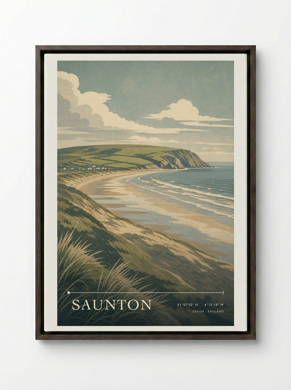 Saunton Devon England Travel Poster - Framed Canvas Dark Wood