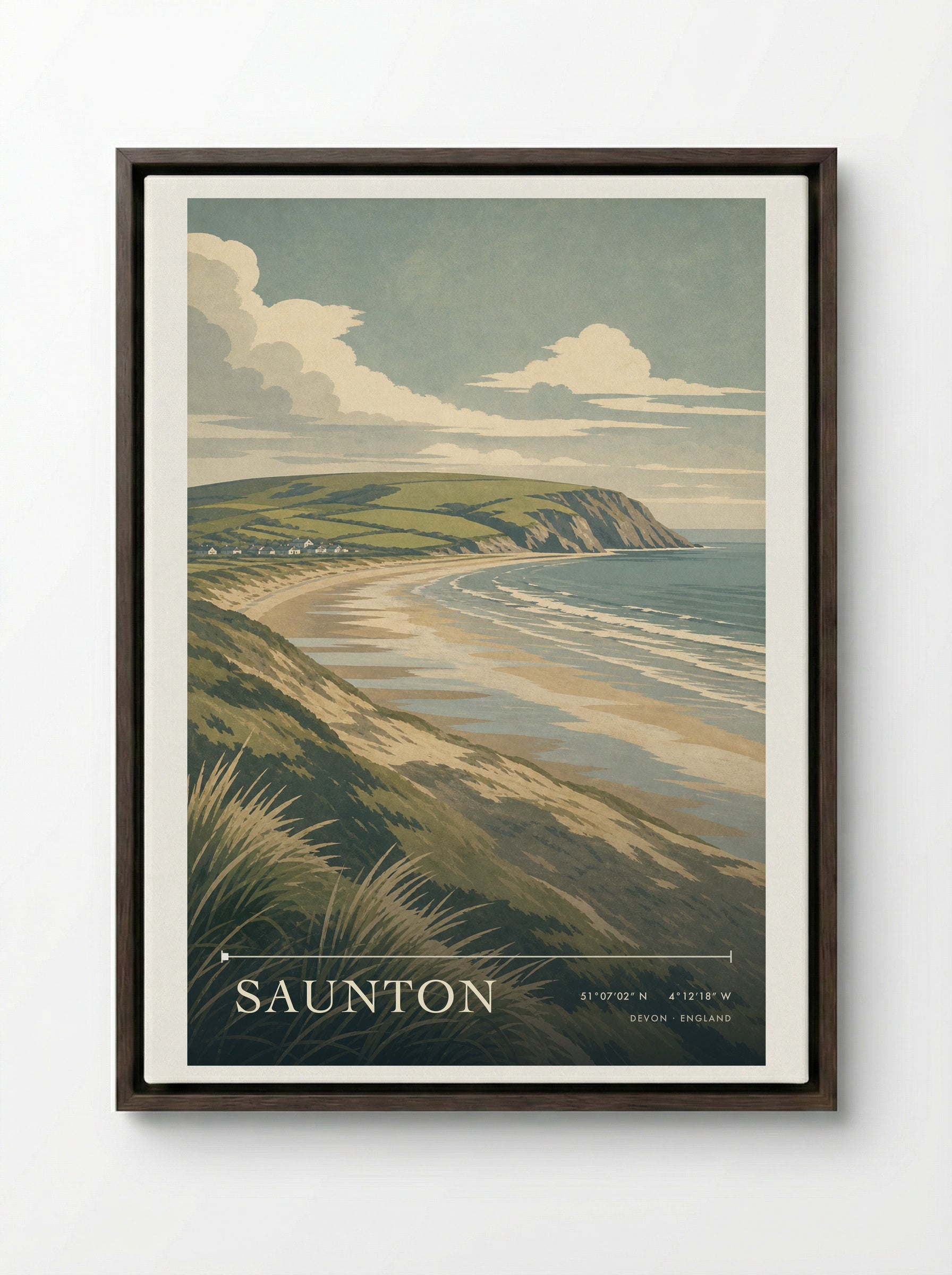 Saunton Devon England Travel Poster - Framed Canvas Dark Wood