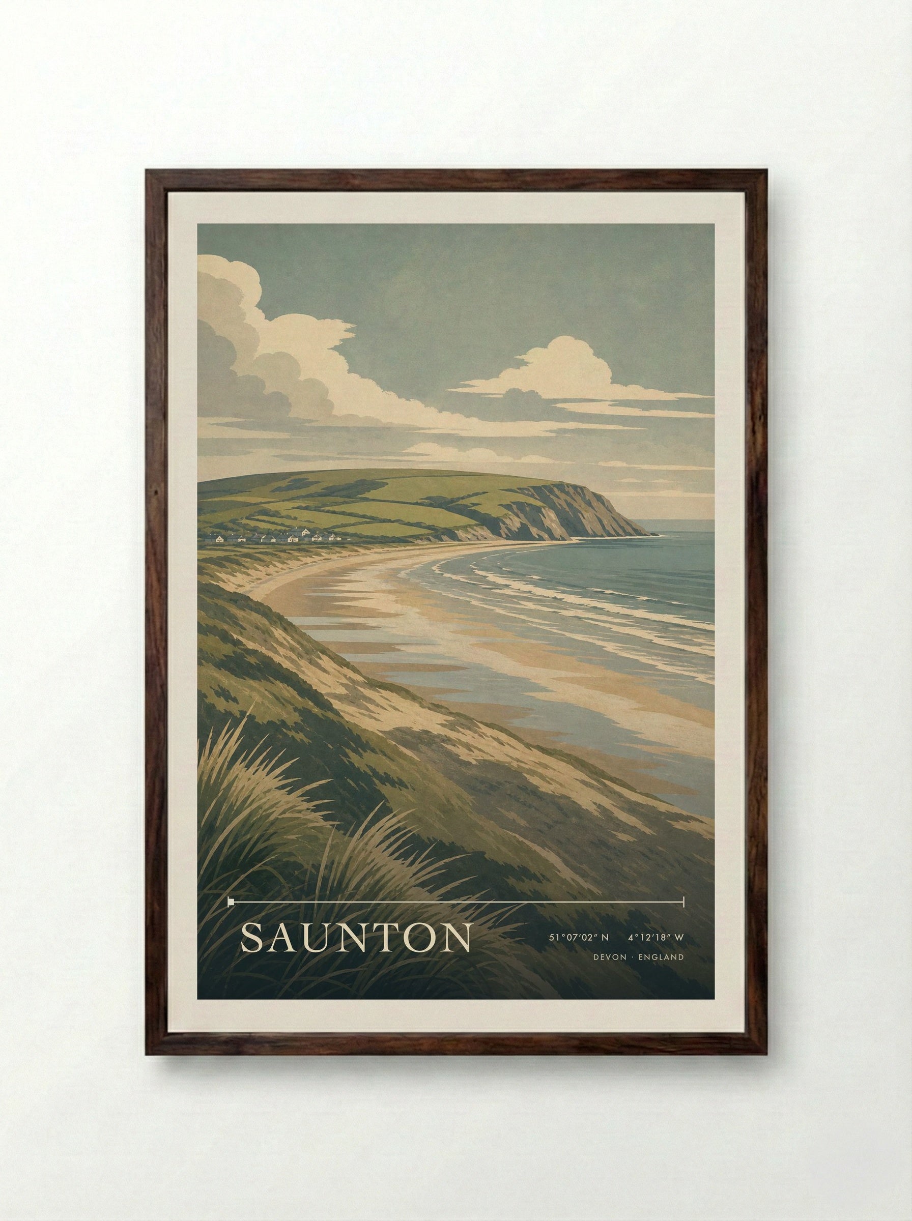 Saunton Devon England Travel Poster - Framed Print Dark Wood