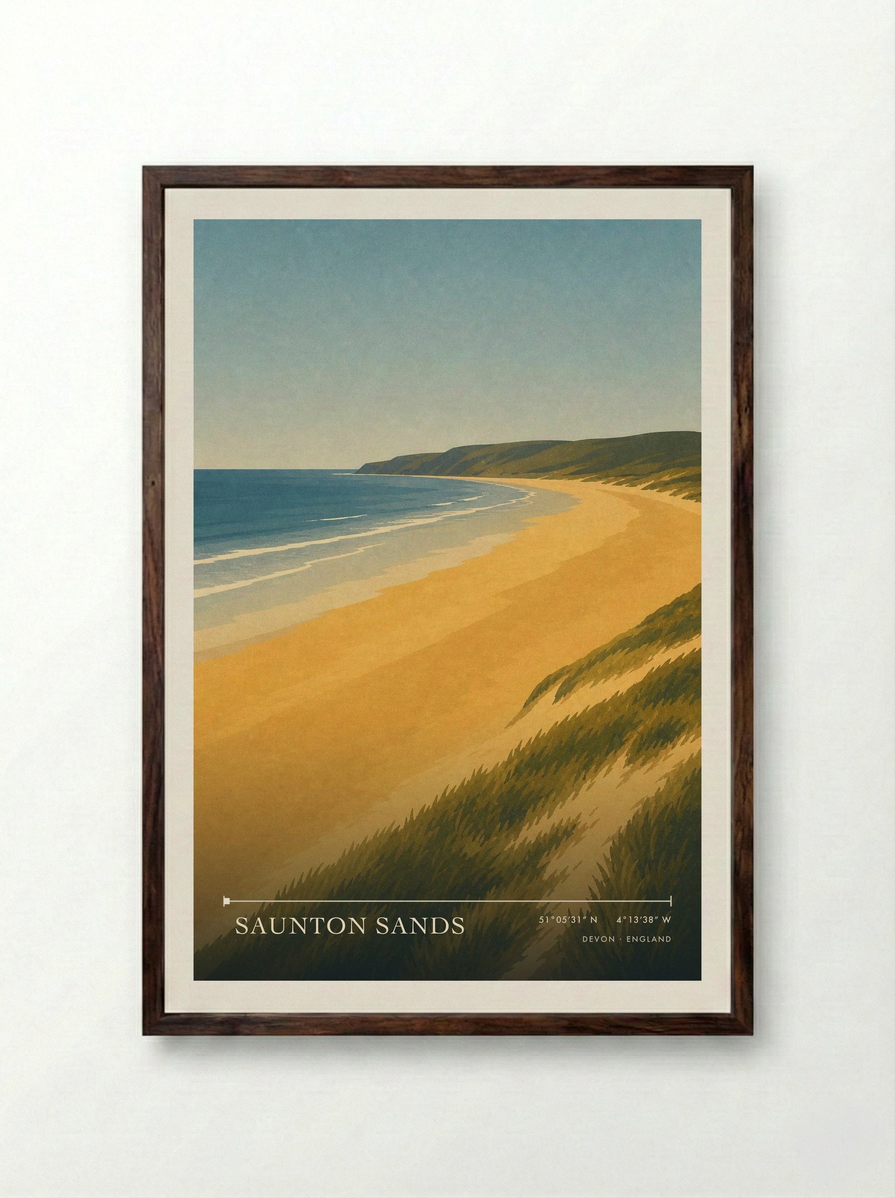 Saunton Sands Travel Poster - Framed Print Dark Wood