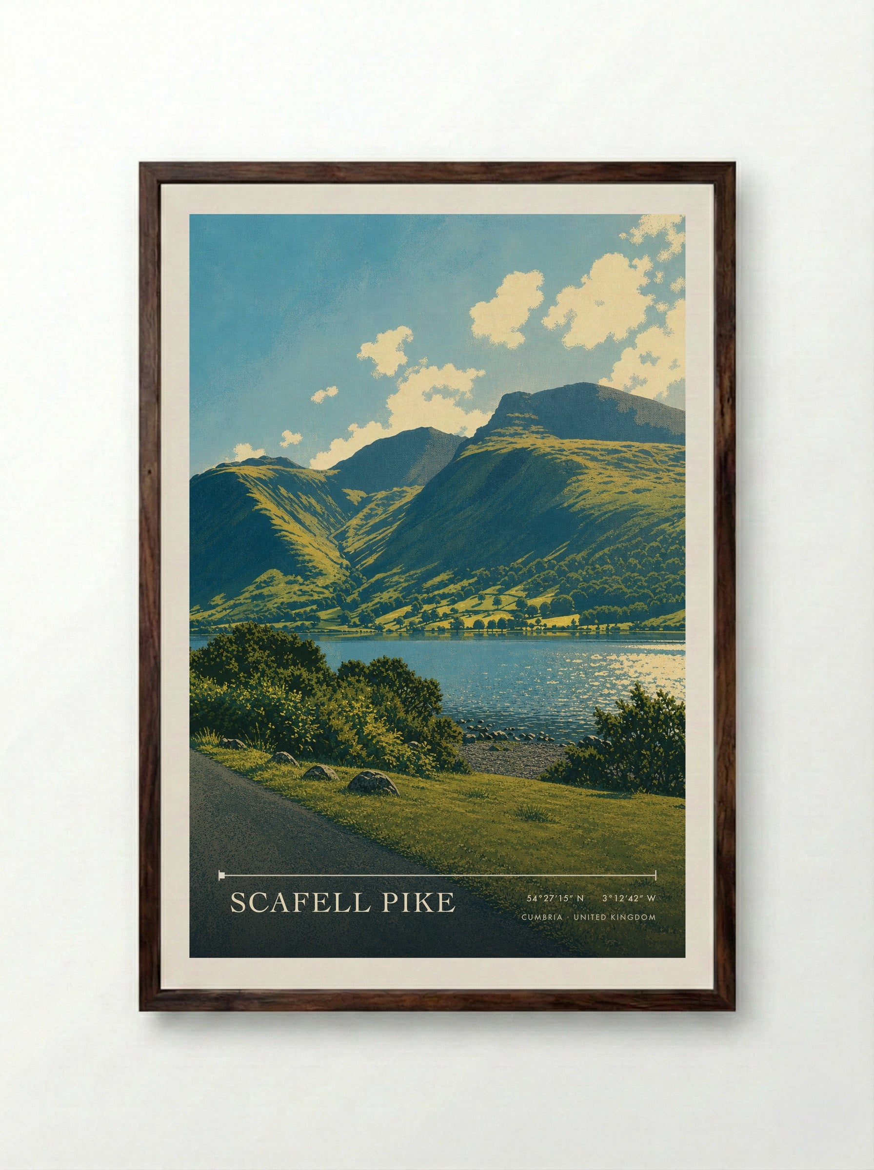 Scafell Pike Cumbria United Kingdom Travel Poster - Framed Print Dark Wood