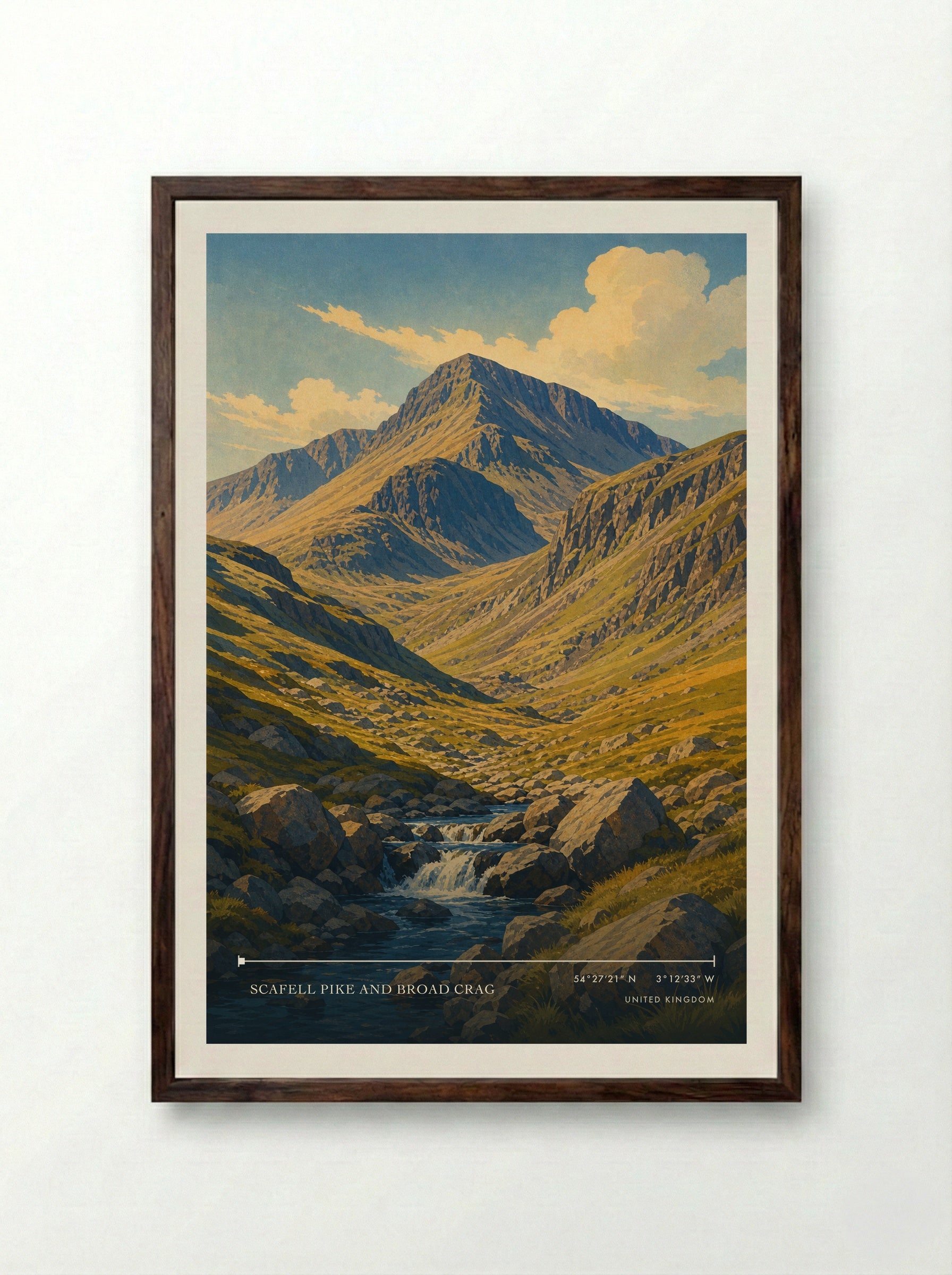 Scafell Pike and Broad Crag United Kingdom Travel Poster - Framed Print Dark Wood