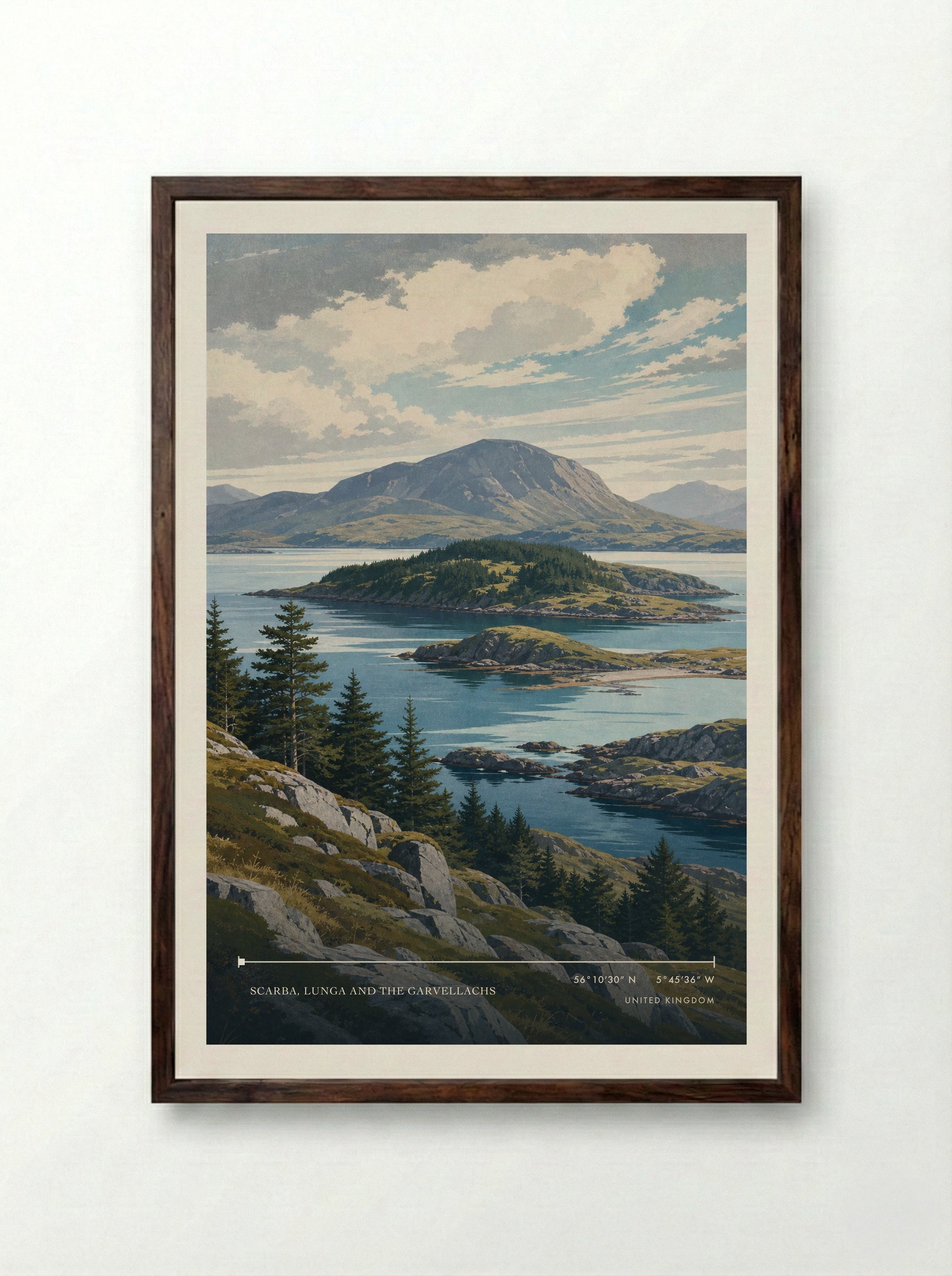 Scarba, Lunga and the Garvellachs United Kingdom Travel Poster - Framed Print Dark Wood