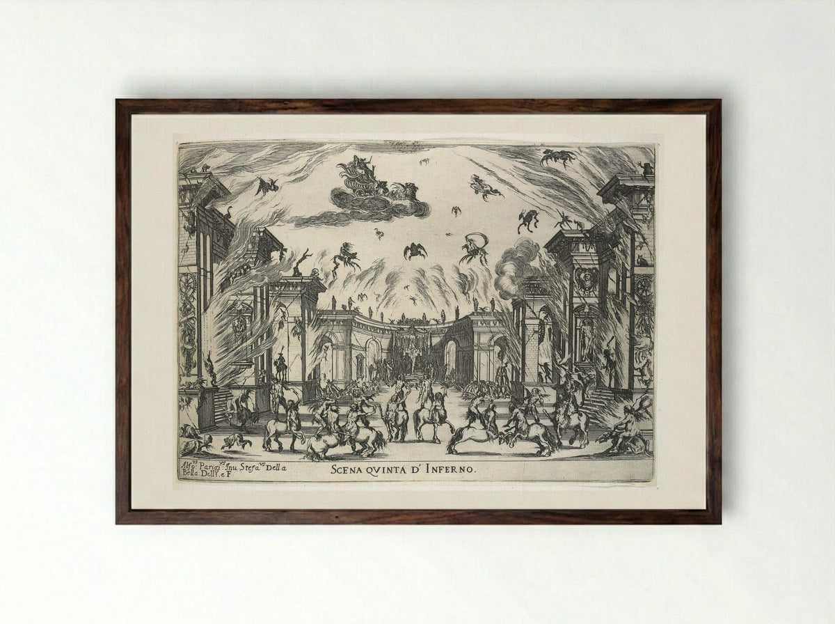 Scene Five; Hell - Stefano Della Bella - Framed Print Dark Wood