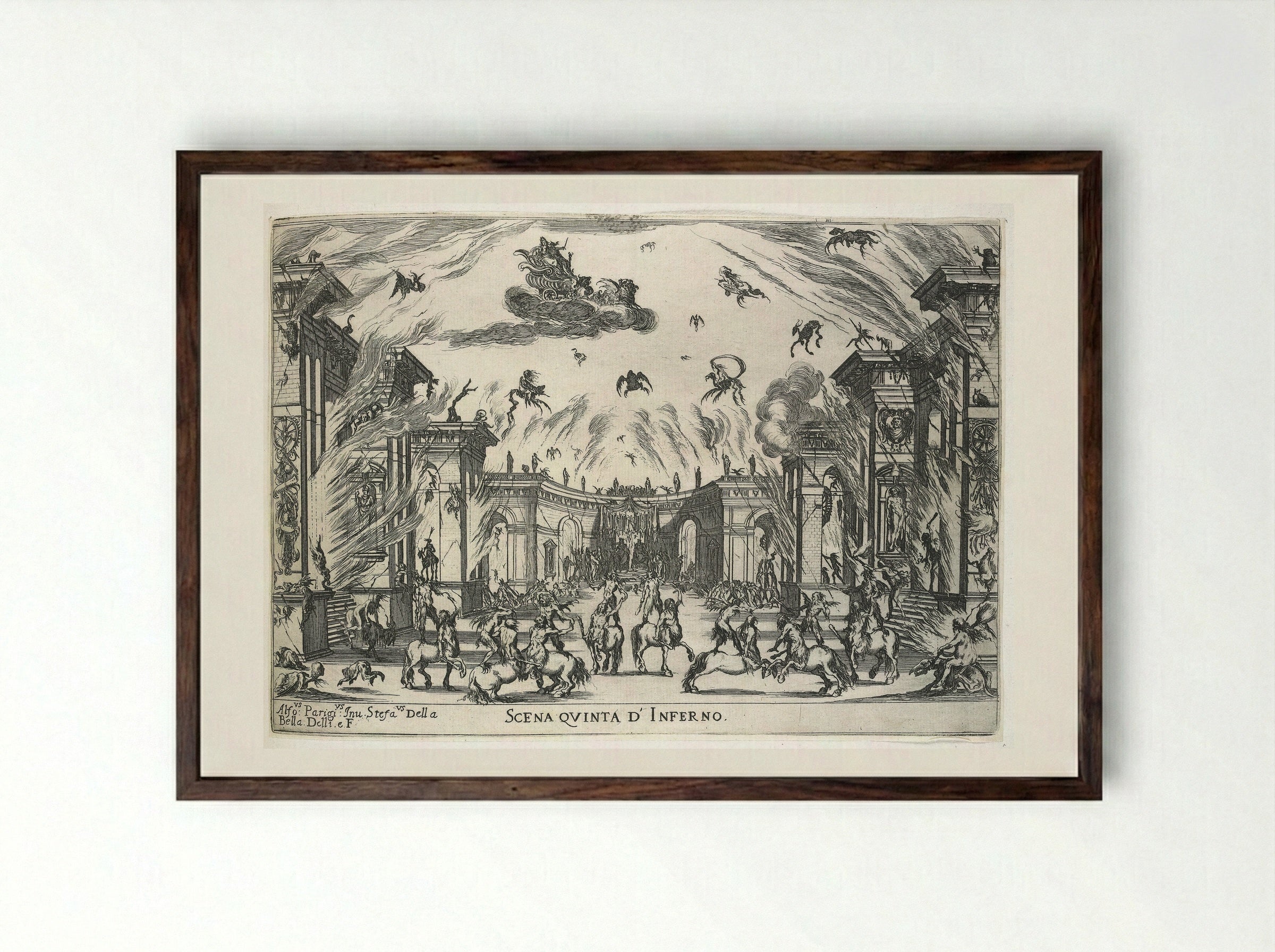 Scene Five; Hell - Stefano Della Bella - Framed Print Dark Wood