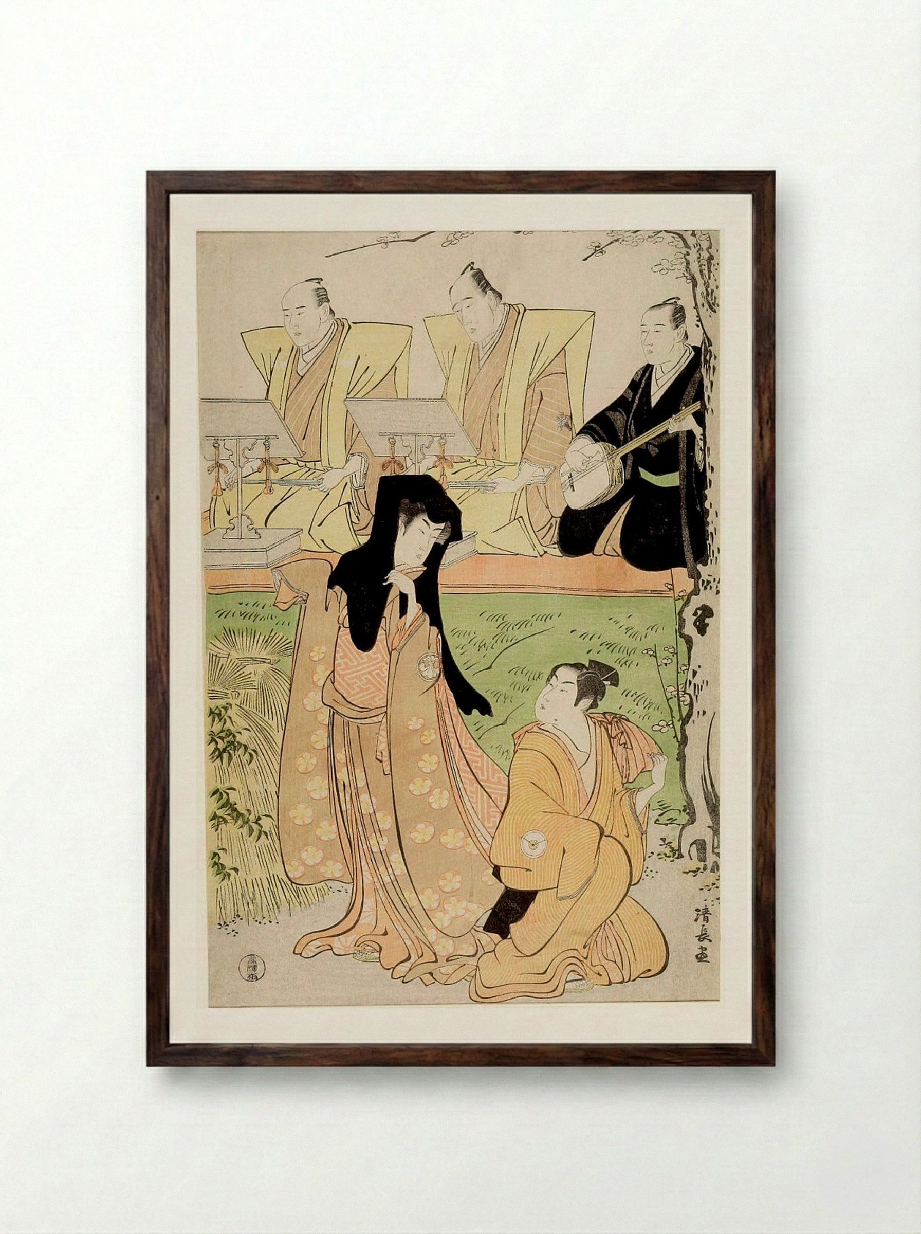 Scene from the jōruri Ukina no Hatsugasumi - Torii Kiyonaga - Framed Print Dark Wood