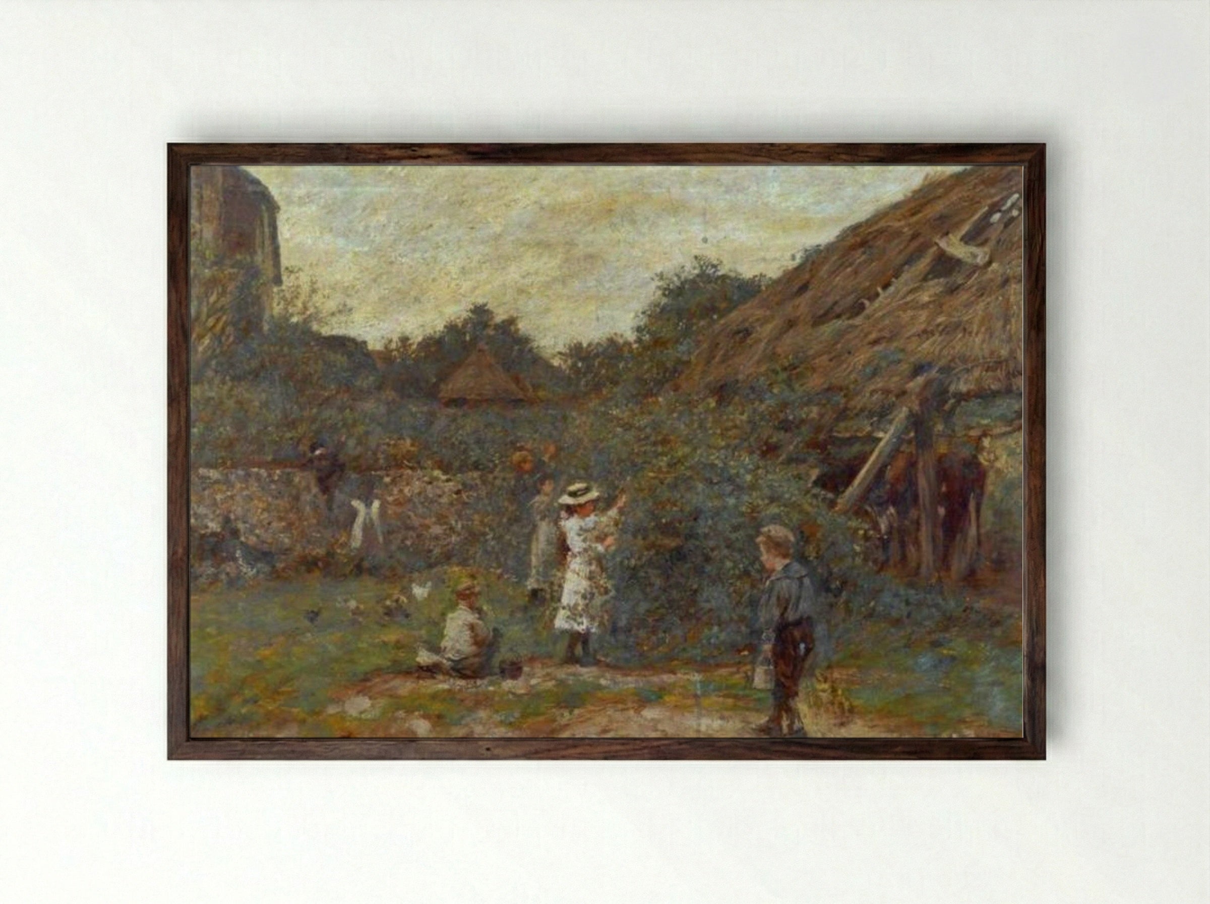 Scene in a Farmyard with Children Picking Fruit - James Charles - Framed Print Dark Wood
