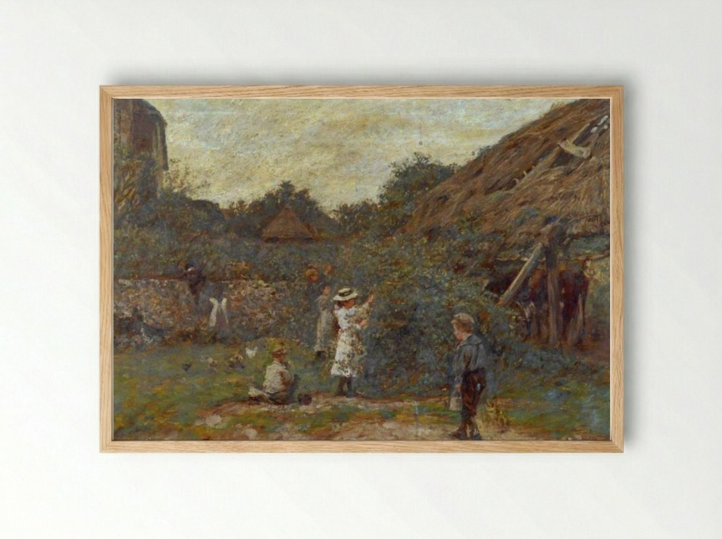 Scene in a Farmyard with Children Picking Fruit - James Charles - Framed Print Wood