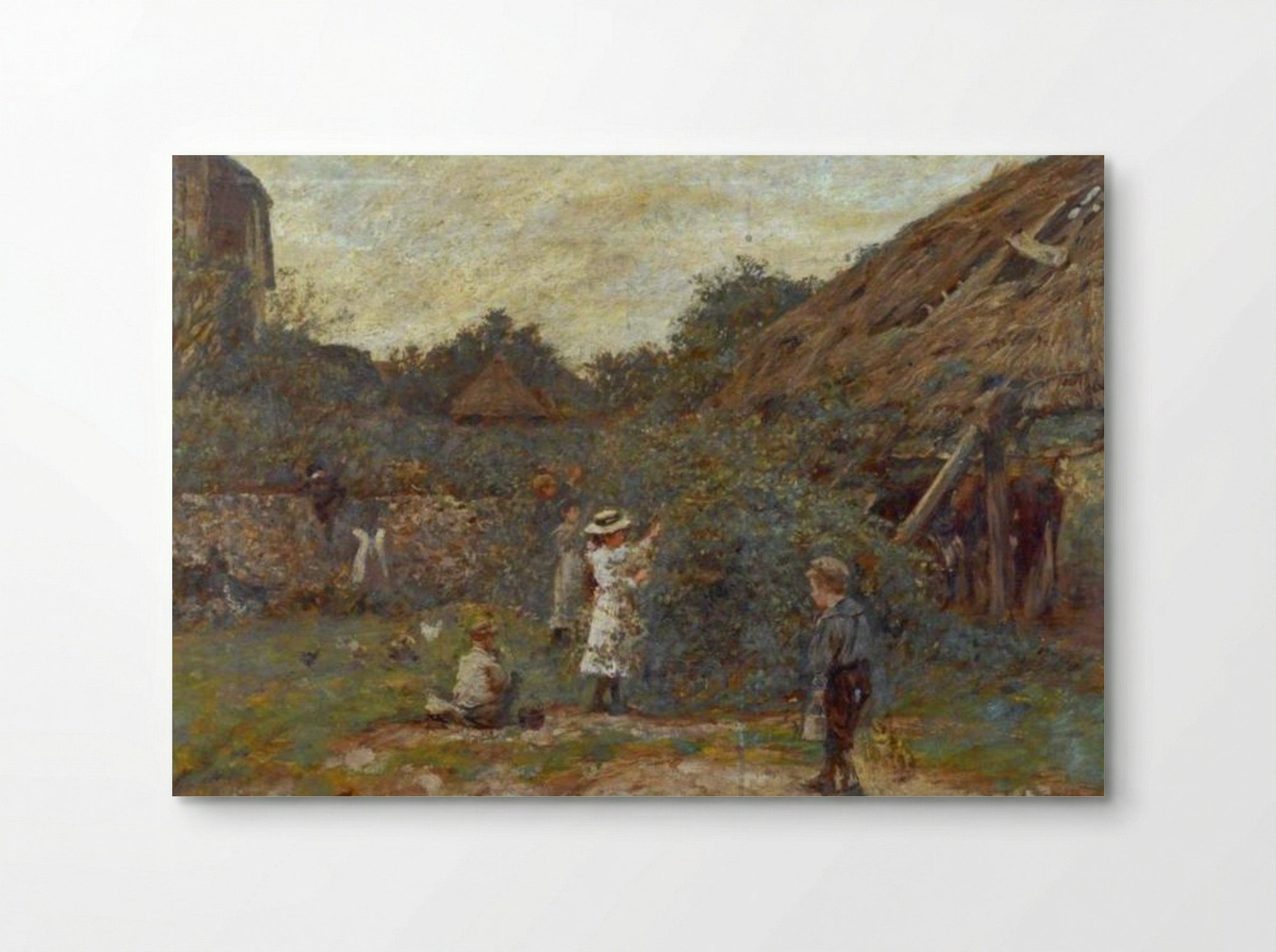 Scene in a Farmyard with Children Picking Fruit - James Charles - Poster