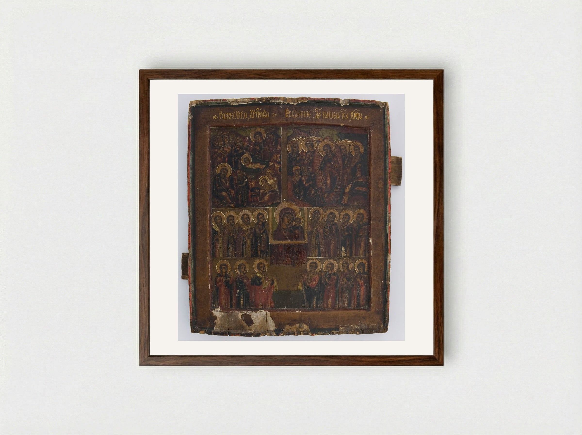 Scenes from the Birth of Christ and the Resurrection of Christ - Fine Art Print - Framed Print Dark Wood