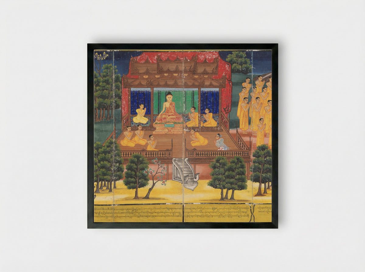 Scenes from the Life of the Buddha - King Mindon - Framed Print Black
