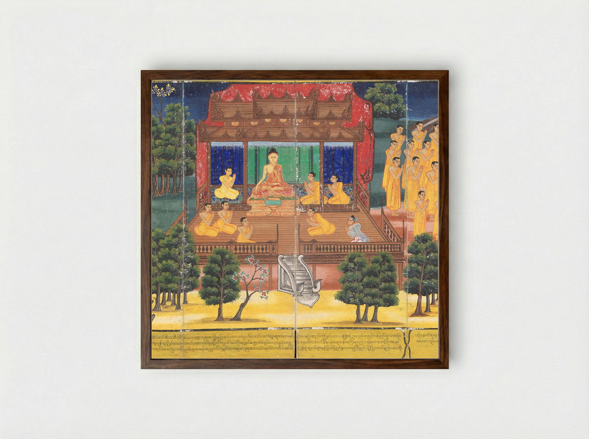 Scenes from the Life of the Buddha - King Mindon - Framed Print Dark Wood