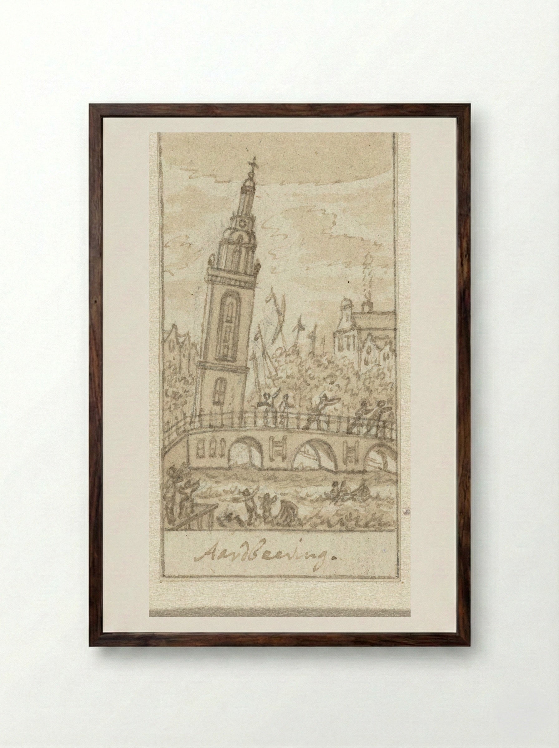 Scheefstaande Jan Roodenpoortstoren bij de aardbeving van 1692 - Simon Fokke - Framed Print Dark Wood