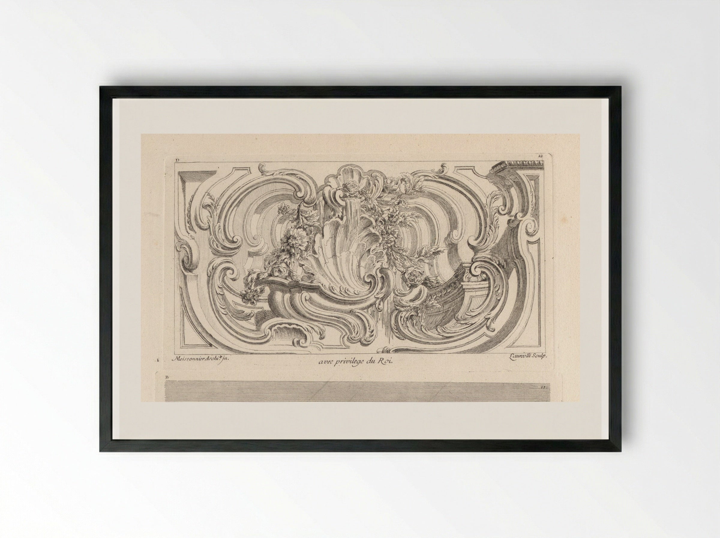 Schelp en bloemenguirlandes in kader - Gabriel Huquier - Framed Print Black