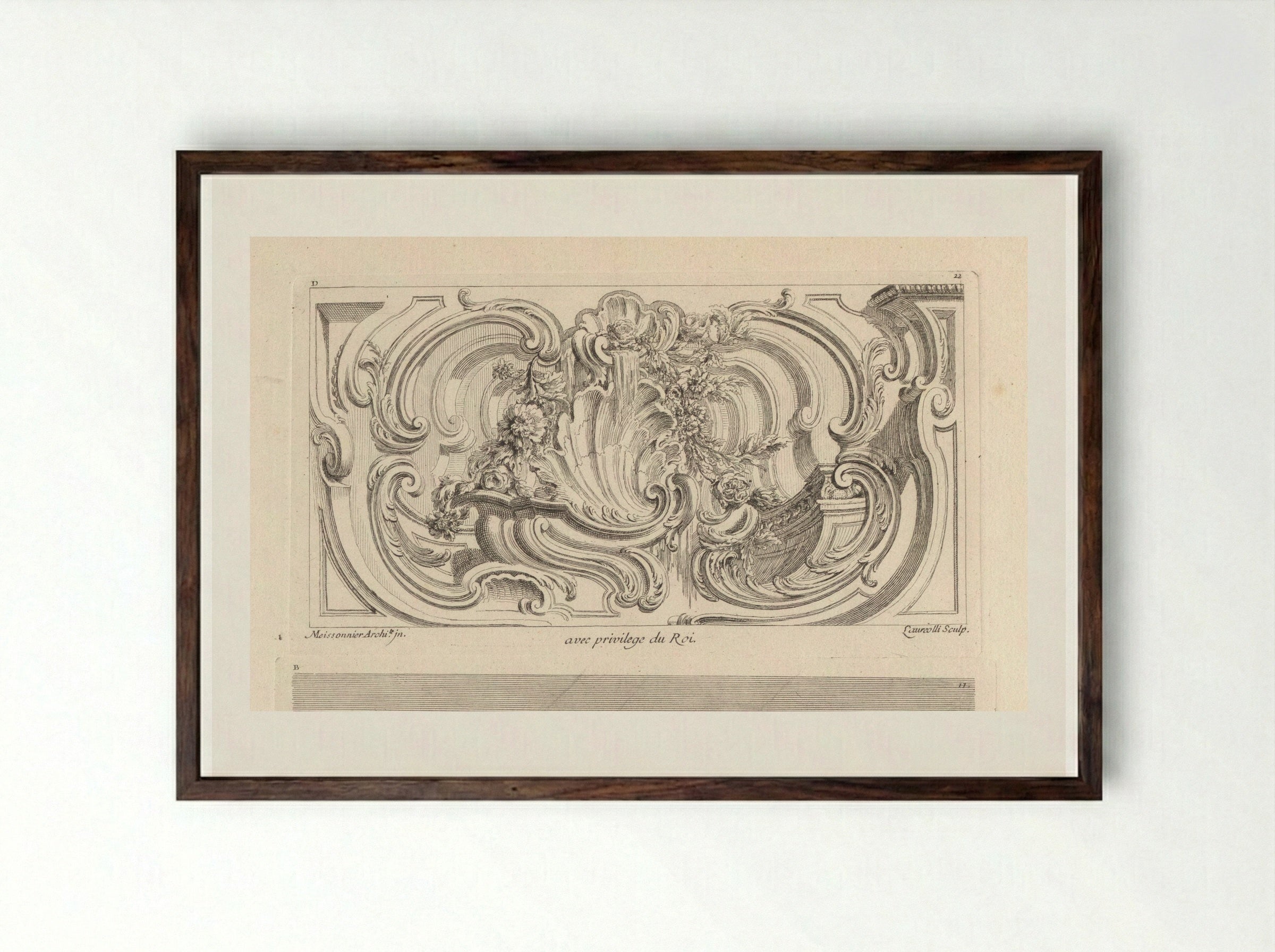 Schelp en bloemenguirlandes in kader - Gabriel Huquier - Framed Print Dark Wood
