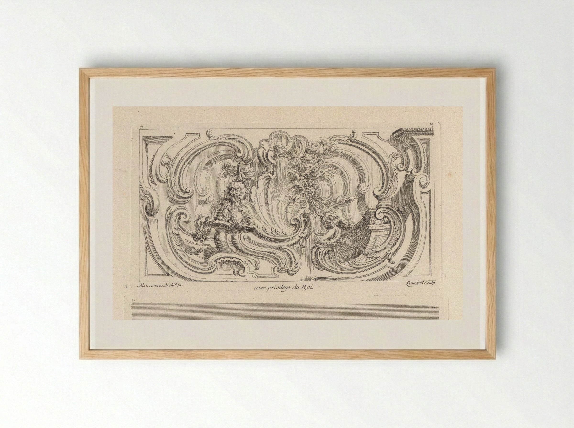 Schelp en bloemenguirlandes in kader - Gabriel Huquier - Framed Print Wood