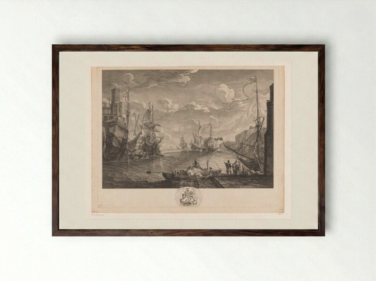 Schepen in een haven aan een rotsachtige kust - Noël Le Mire - Framed Print Dark Wood