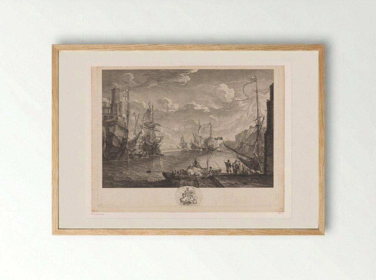Schepen in een haven aan een rotsachtige kust - Noël Le Mire - Framed Print Wood