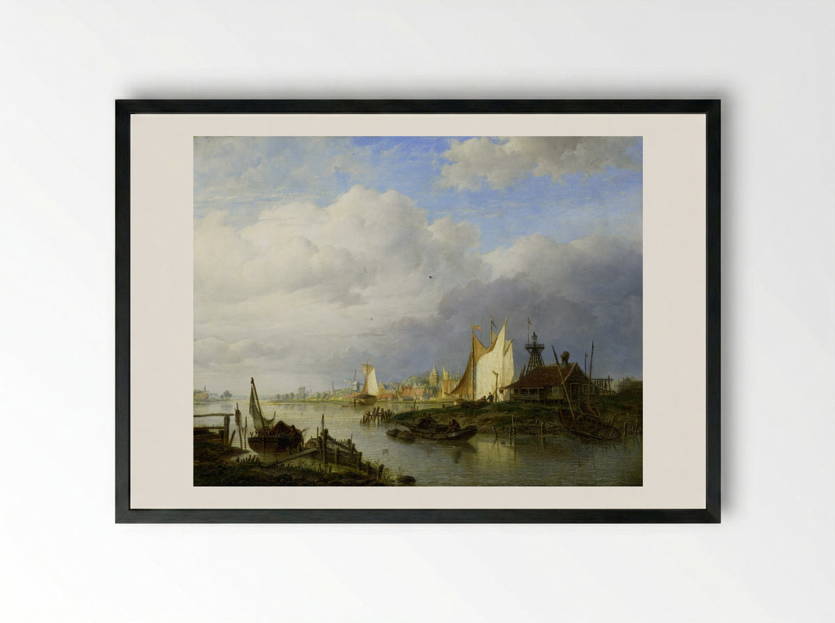 Schepen op een rivier bij een lichtbaken - Hendrik Vettewinkel - Framed Print Black
