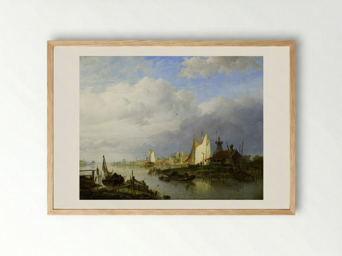 Schepen op een rivier bij een lichtbaken - Hendrik Vettewinkel - Framed Print Wood