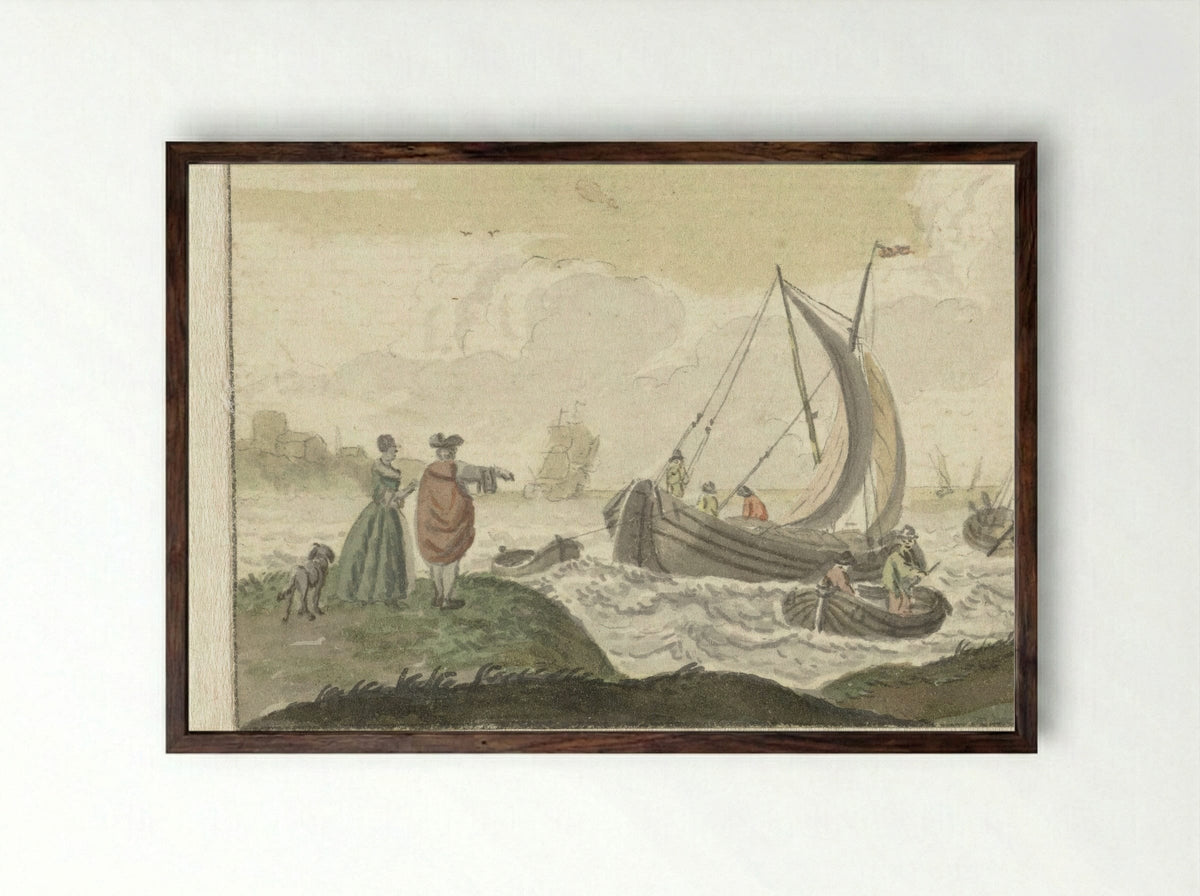Schepen op een winderige rivier - Nicolaes Aartman - Framed Print Dark Wood