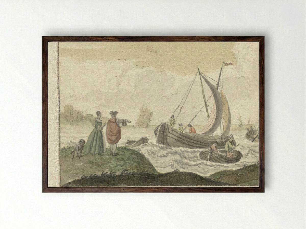 Schepen op een winderige rivier - Nicolaes Aartman - Framed Print Dark Wood