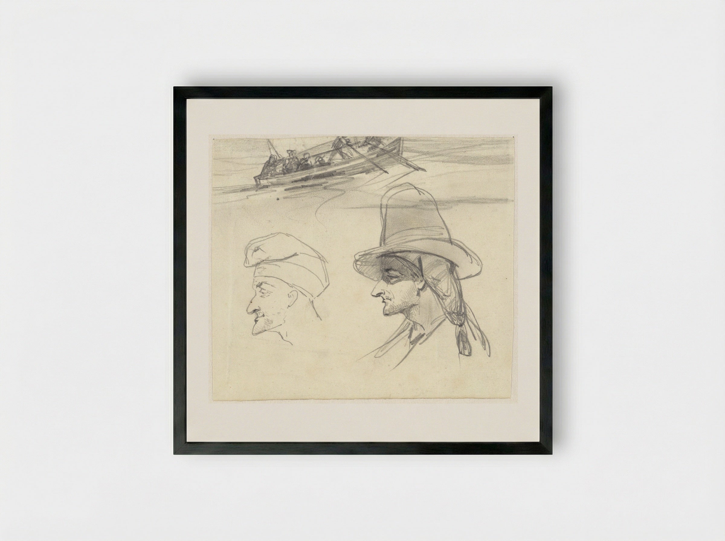 Schets van vissersboot en twee mannenhoofden - Johan Daniël Koelman - Framed Print Black