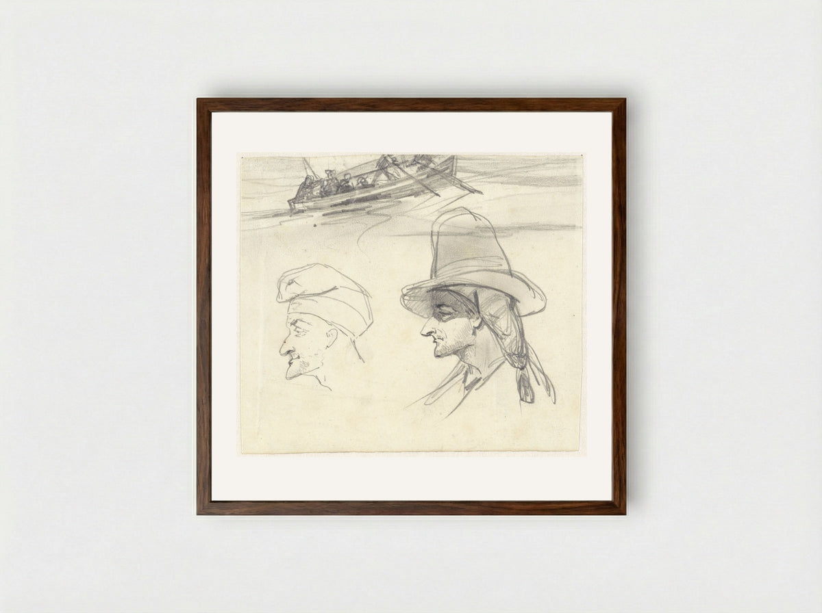 Schets van vissersboot en twee mannenhoofden - Johan Daniël Koelman - Framed Print Dark Wood