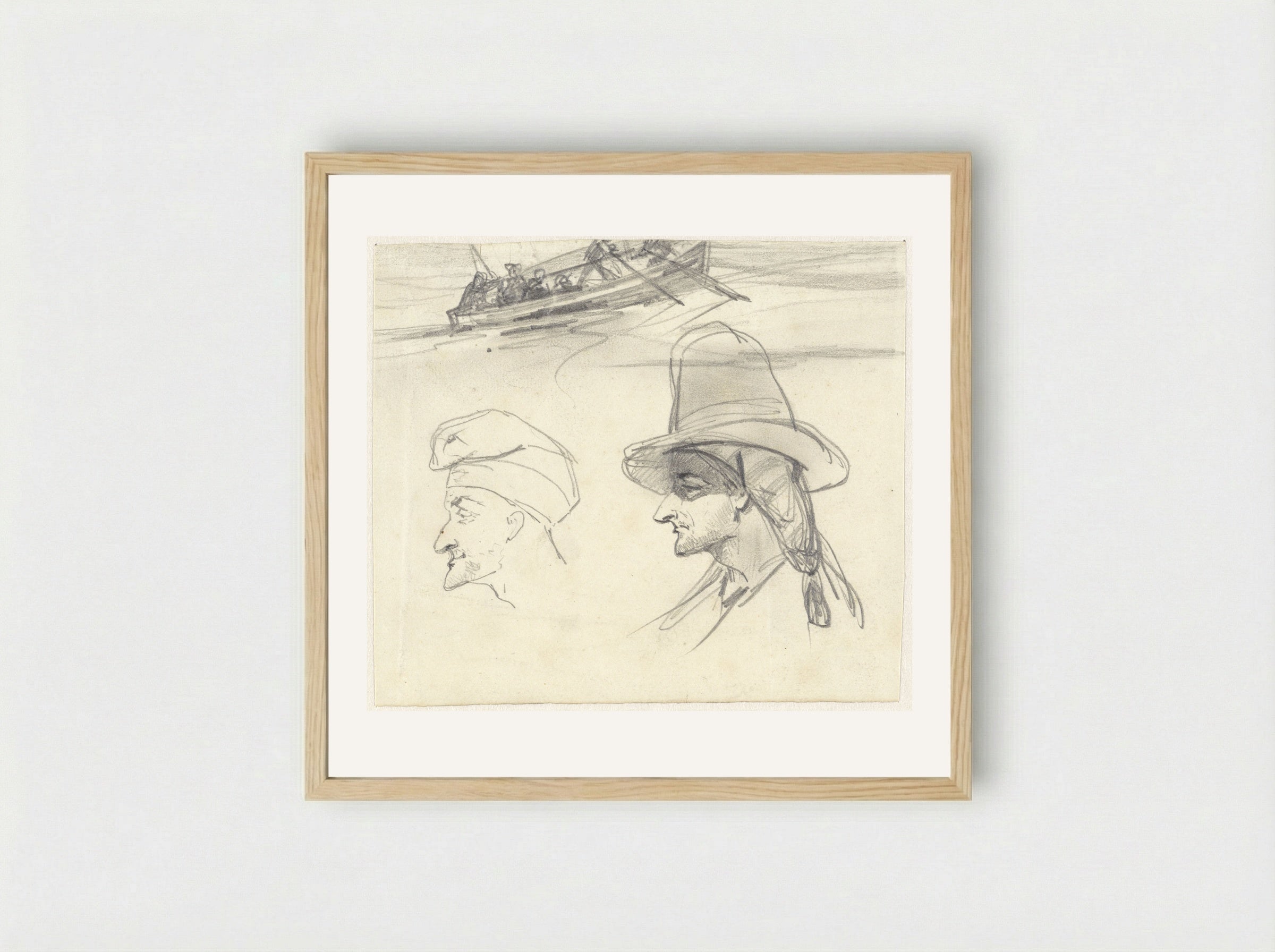 Schets van vissersboot en twee mannenhoofden - Johan Daniël Koelman - Framed Print Wood