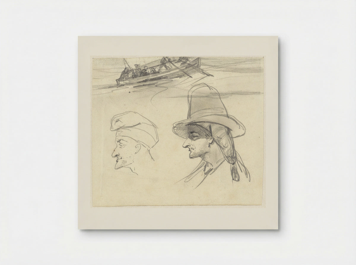 Schets van vissersboot en twee mannenhoofden - Johan Daniël Koelman - Poster