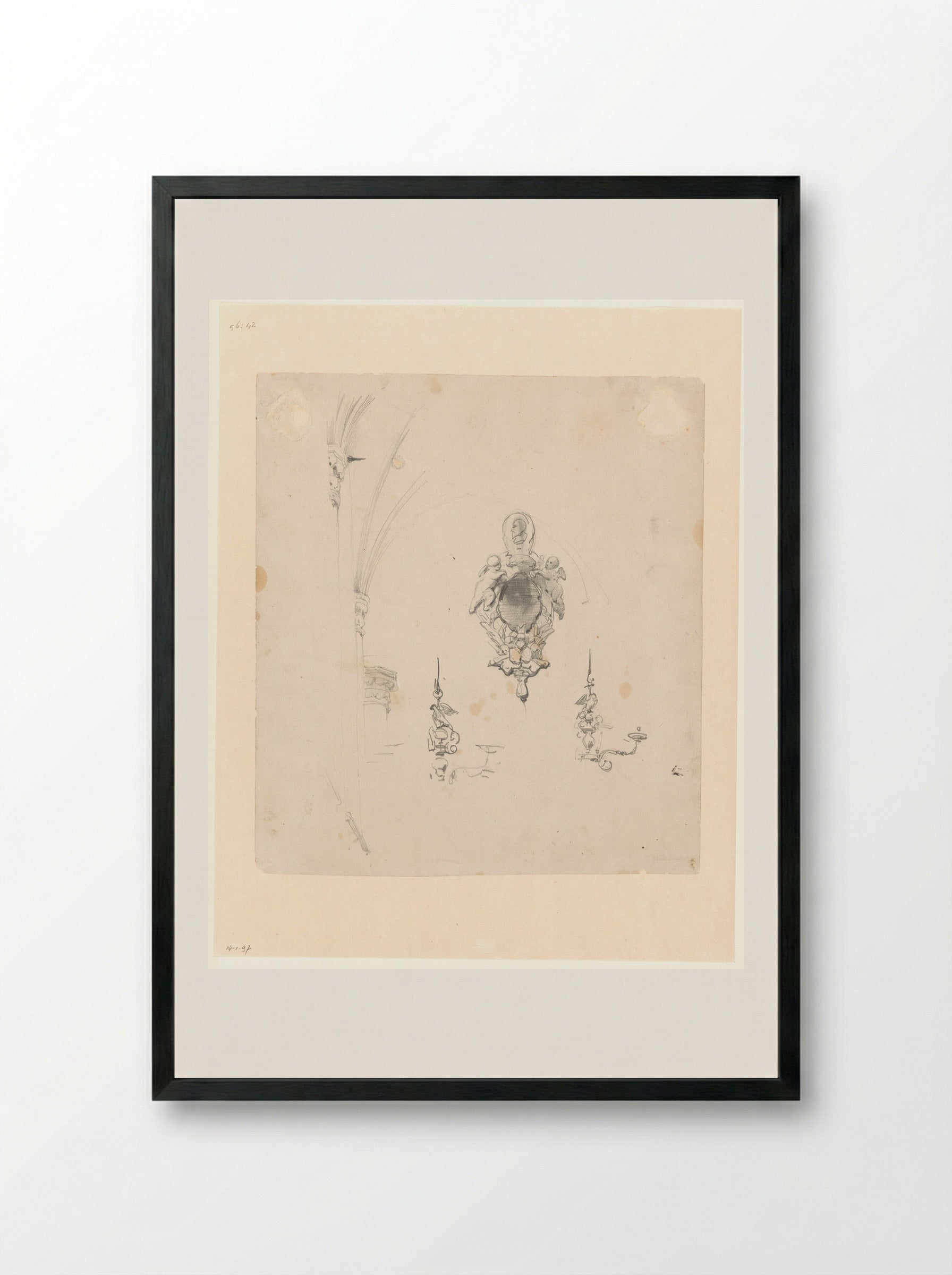Schetsblad met studies van wandluchters, een epitaaf en architectuurdetails - Johannes Bosboom - Framed Print Black