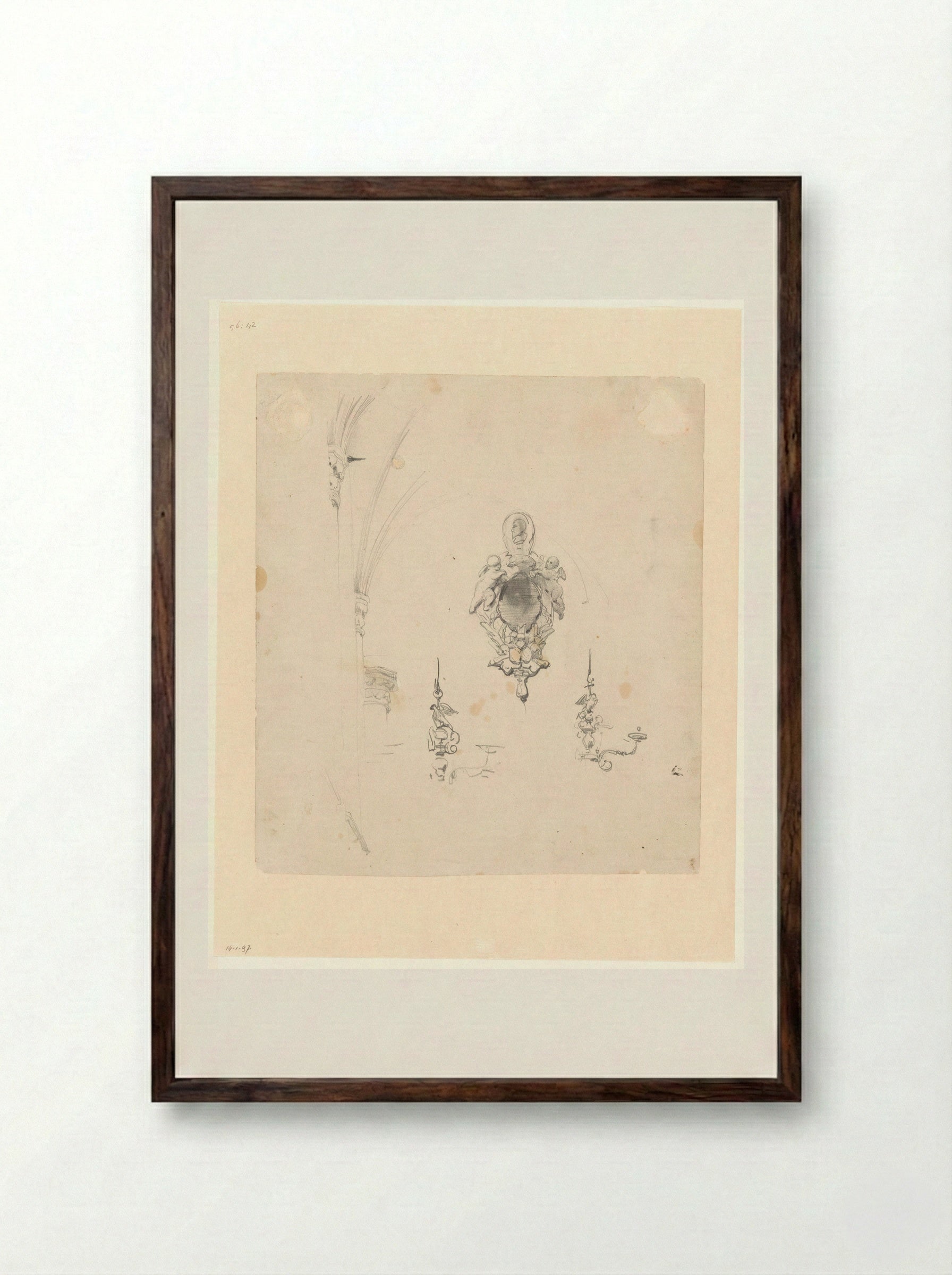 Schetsblad met studies van wandluchters, een epitaaf en architectuurdetails - Johannes Bosboom - Framed Print Dark Wood