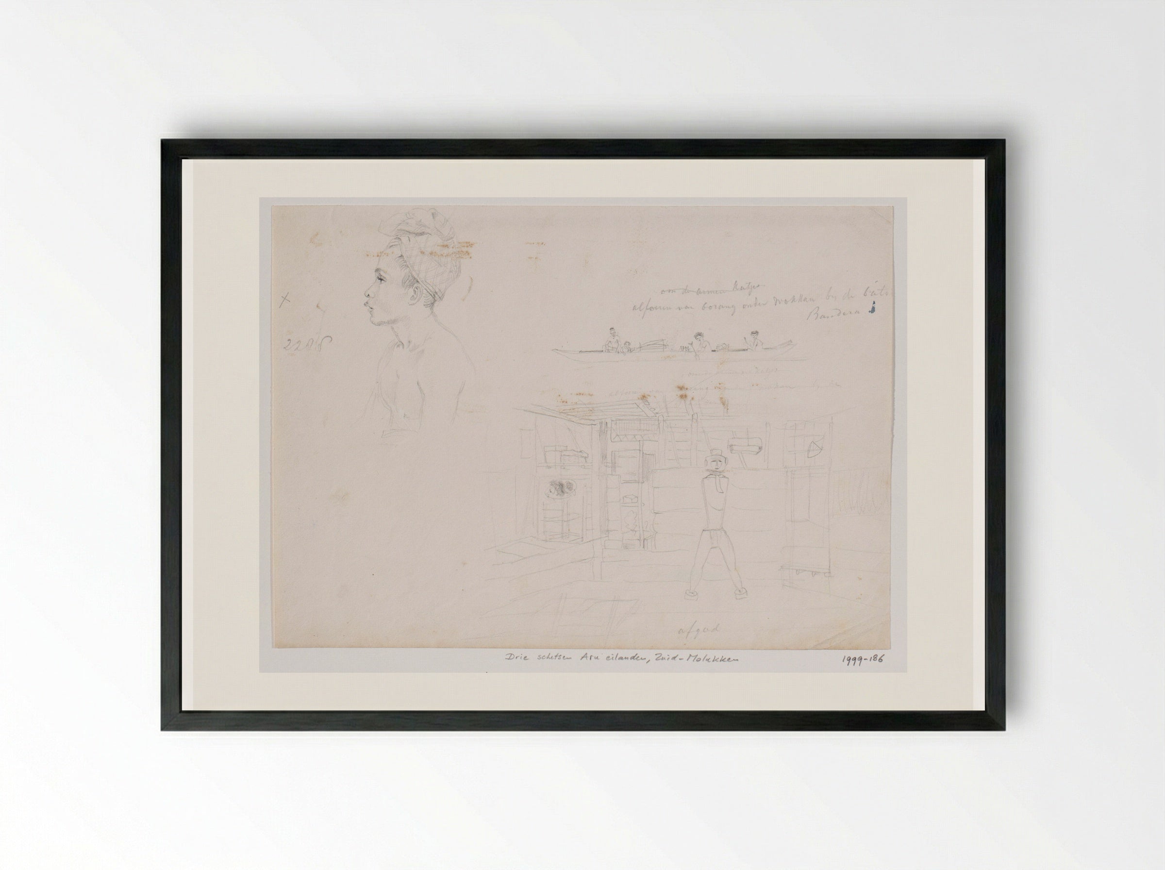 Schetsen van Alfoeren en een interieur, Aru eilanden, Zuid-Molukken - Adrianus Johannes Bik - Framed Print Black