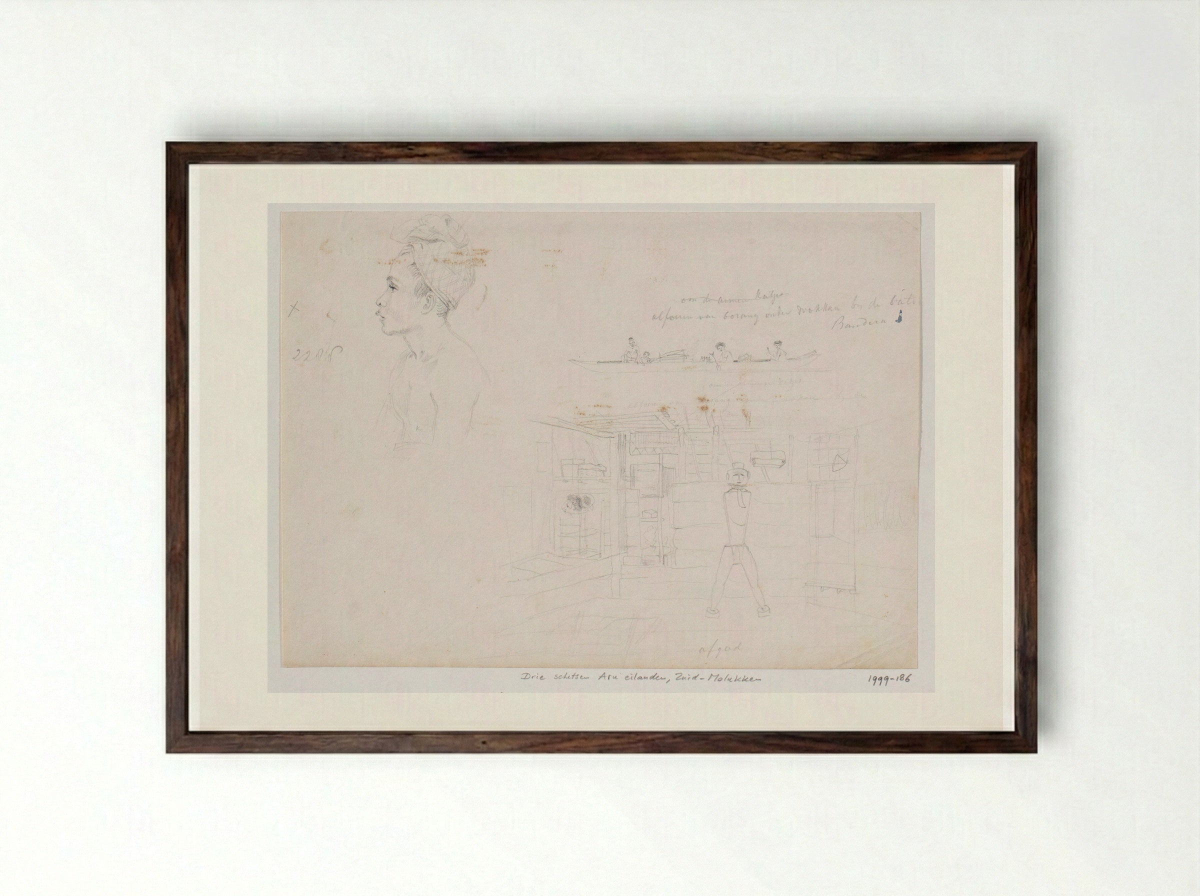 Schetsen van Alfoeren en een interieur, Aru eilanden, Zuid-Molukken - Adrianus Johannes Bik - Framed Print Dark Wood