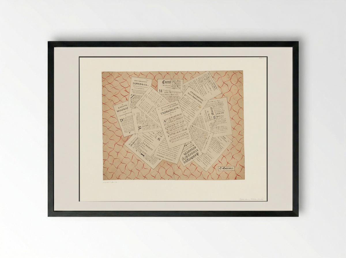 Schijnbedrieger met bladmuziek en ander drukwerk - E. Godron - Framed Print Black