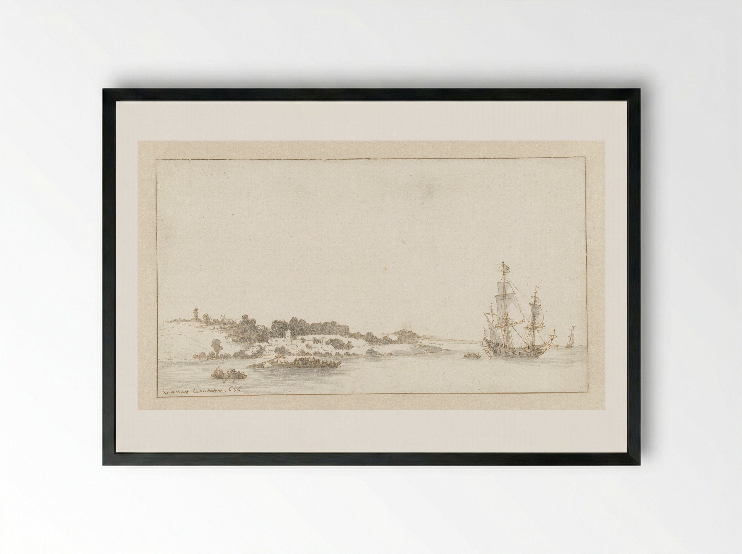 Schip en enkele sloepen bij een dorp aan de kust - Abraham de Verwer - Framed Print Black