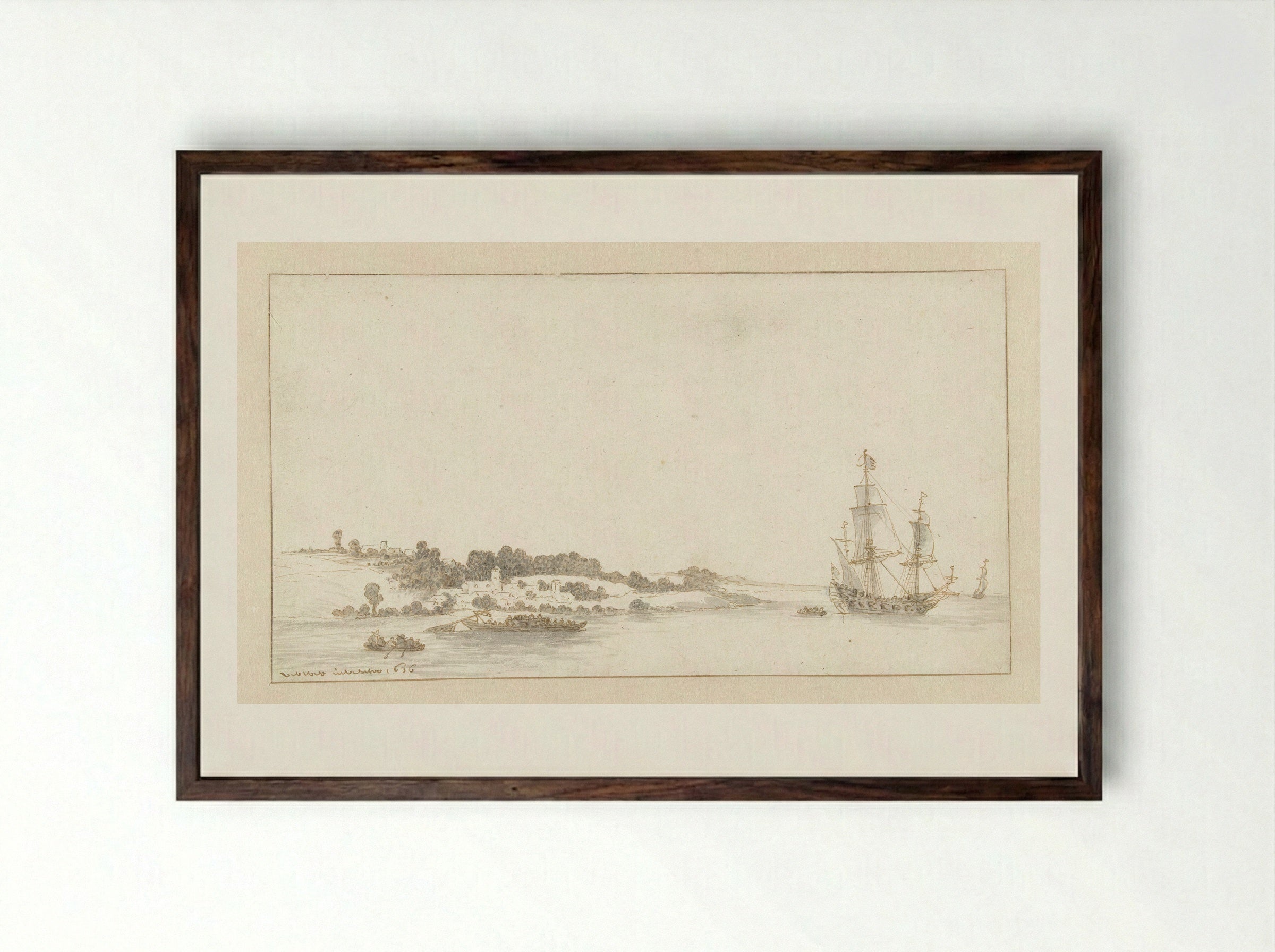 Schip en enkele sloepen bij een dorp aan de kust - Abraham de Verwer - Framed Print Dark Wood