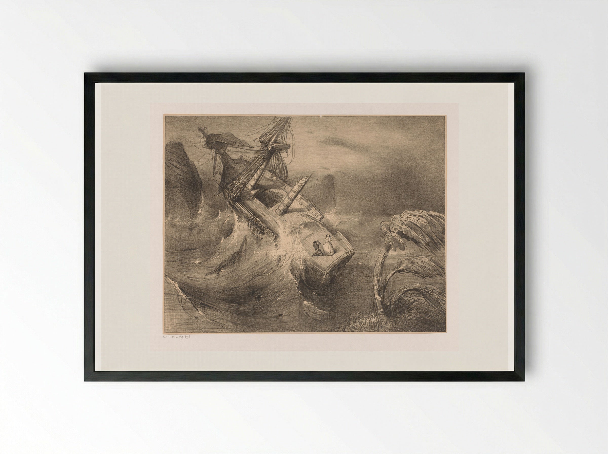 Schip in nood bij hevige storm - Charles Rochussen - Framed Print Black
