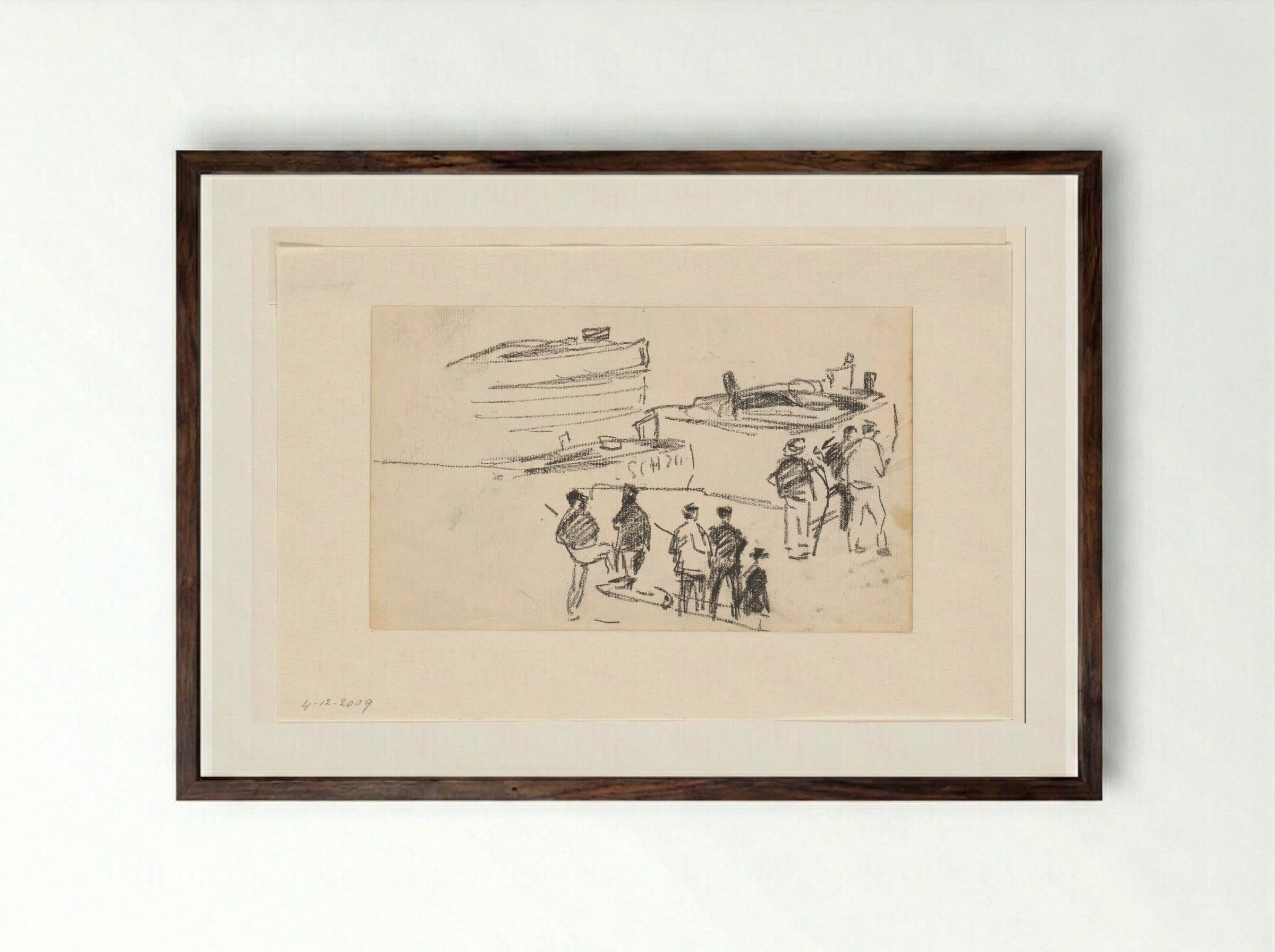 Schippers aan wal met schepen op de achtergrond - Willem Bastiaan Tholen - Framed Print Dark Wood
