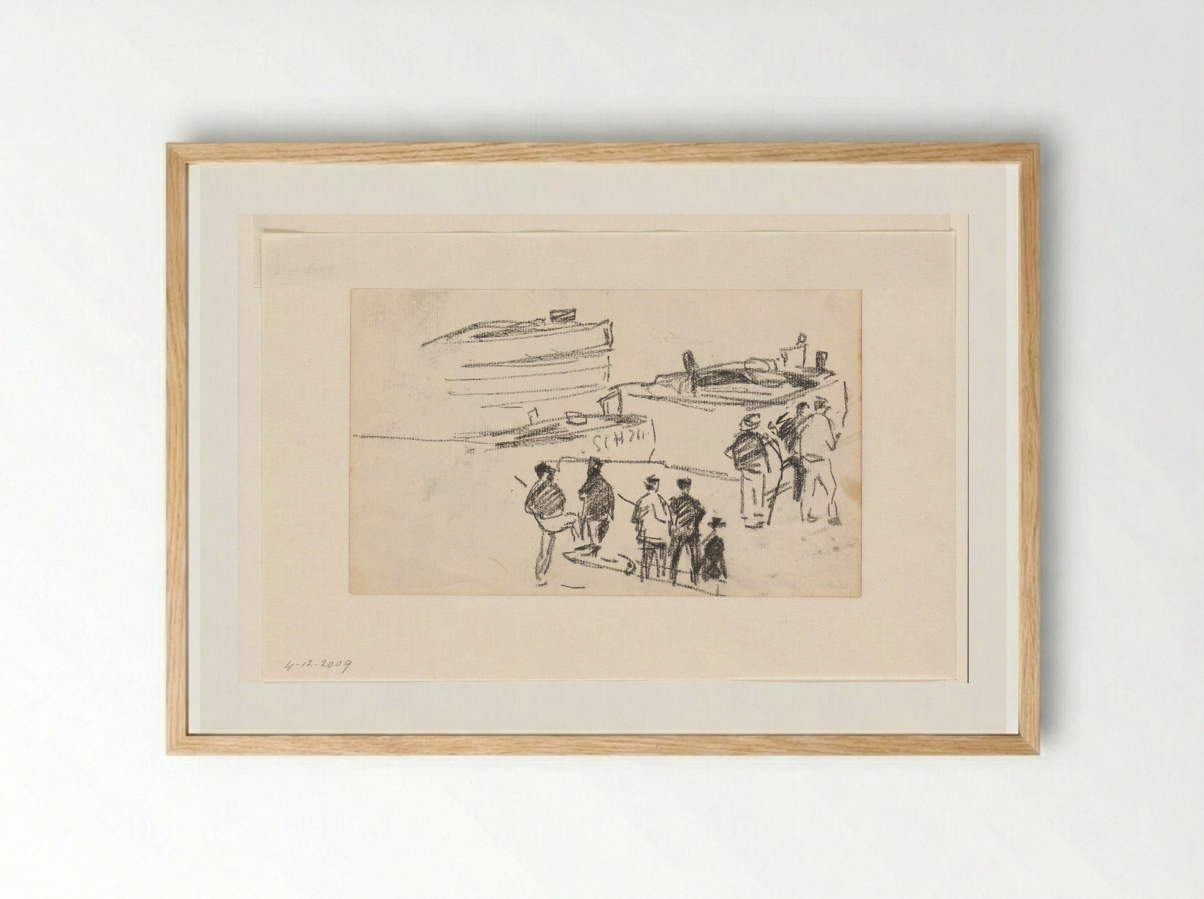 Schippers aan wal met schepen op de achtergrond - Willem Bastiaan Tholen - Framed Print Wood