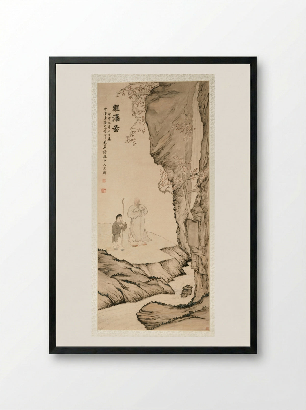 Scholar Watching the Waterfall - Luo Ping - Framed Print Black