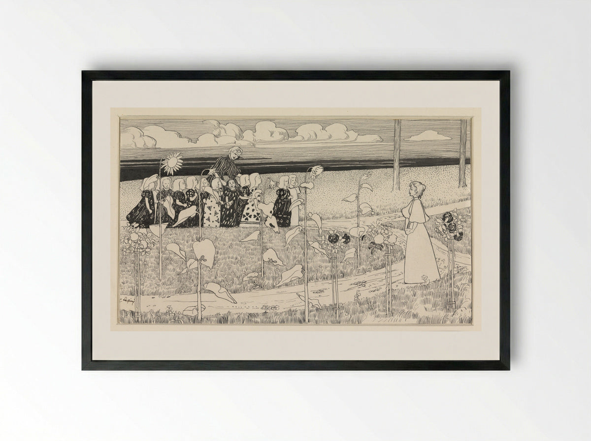 Schoolklas meisjes met begeleidsters in landschap met zonnebloemen - C. Lapine - Framed Print Black