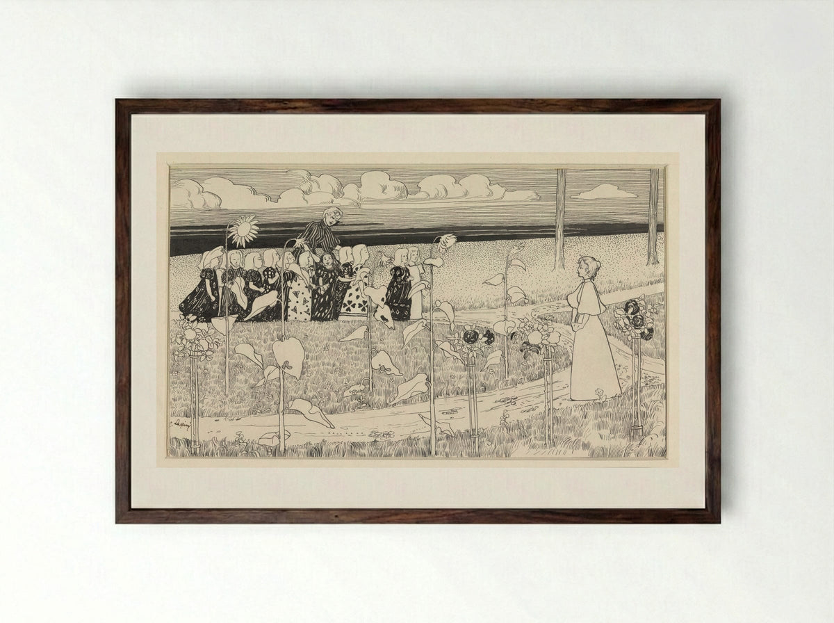Schoolklas meisjes met begeleidsters in landschap met zonnebloemen - C. Lapine - Framed Print Dark Wood
