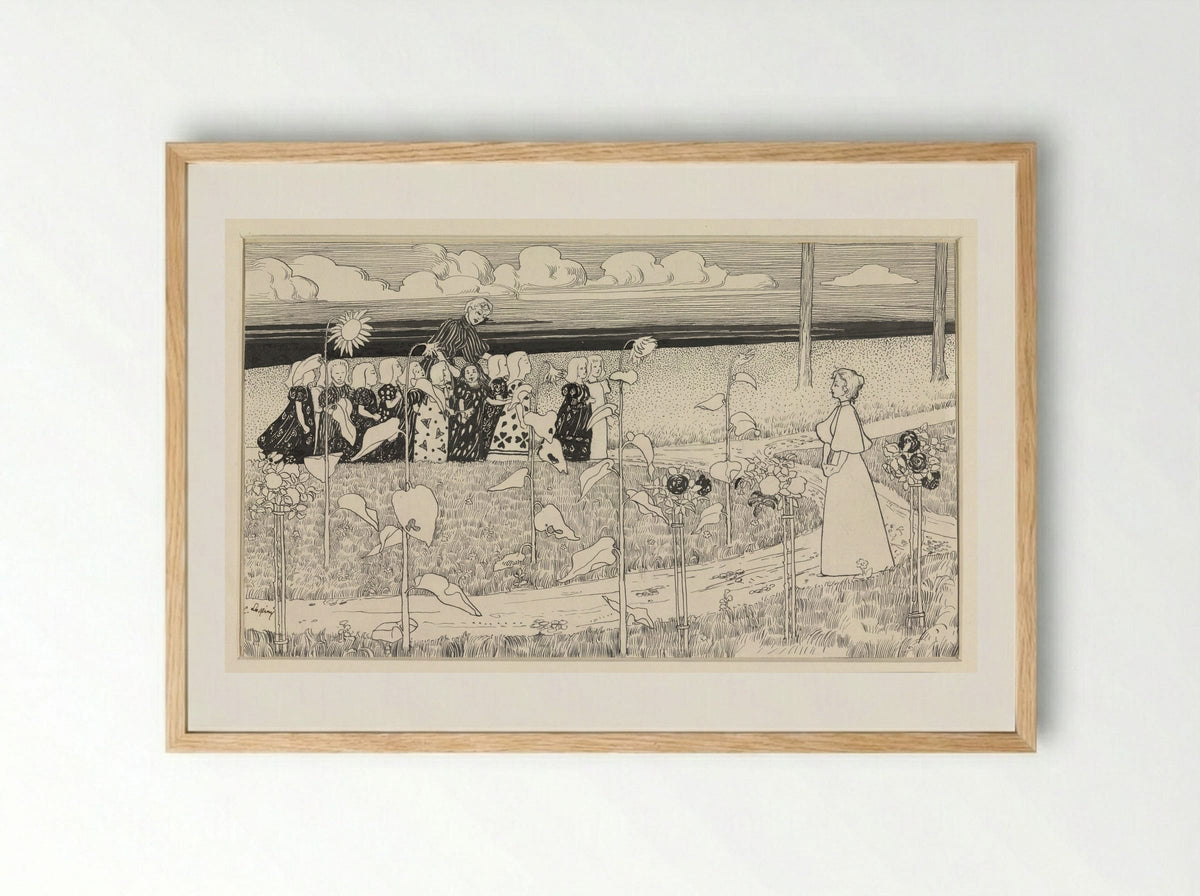 Schoolklas meisjes met begeleidsters in landschap met zonnebloemen - C. Lapine - Framed Print Wood